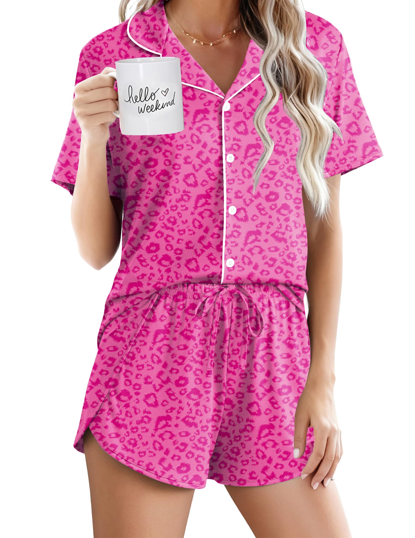 Ekouaer Pajamas for Women Set Button Up Short Sleeve Pjs Lounge Set