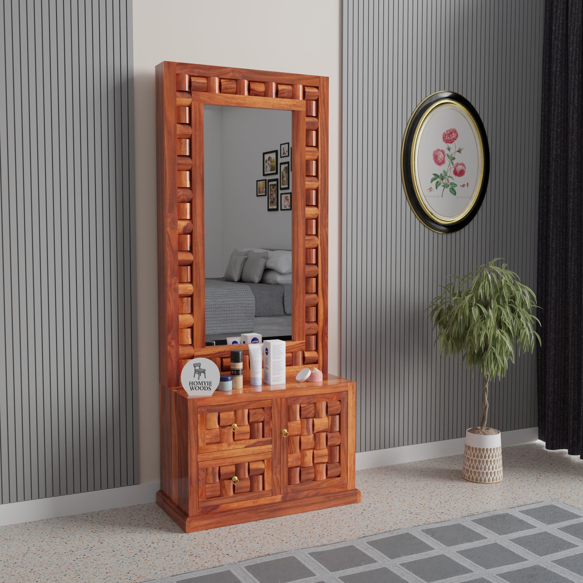 Solid Sheesham Wood Dressing Table with Full Length Mirror, Modern Dresser with Storage Cabinet, 72x30x13 Inches (Honey Finish)-image-29