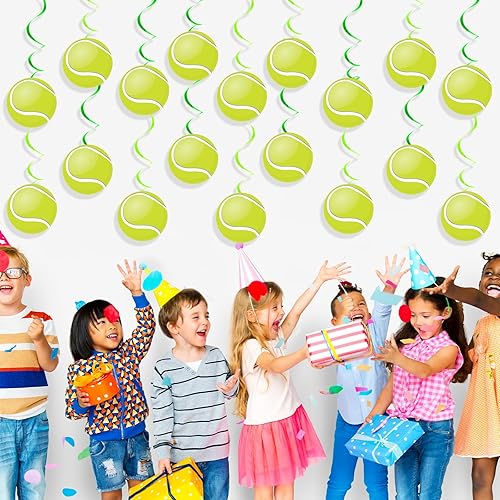 Miniatura 6 de 60 piezas de decoración de remolinos de papel de aluminio para fiesta de tenis, pancartas colgantes de techo con pelota de tenis, decoración de