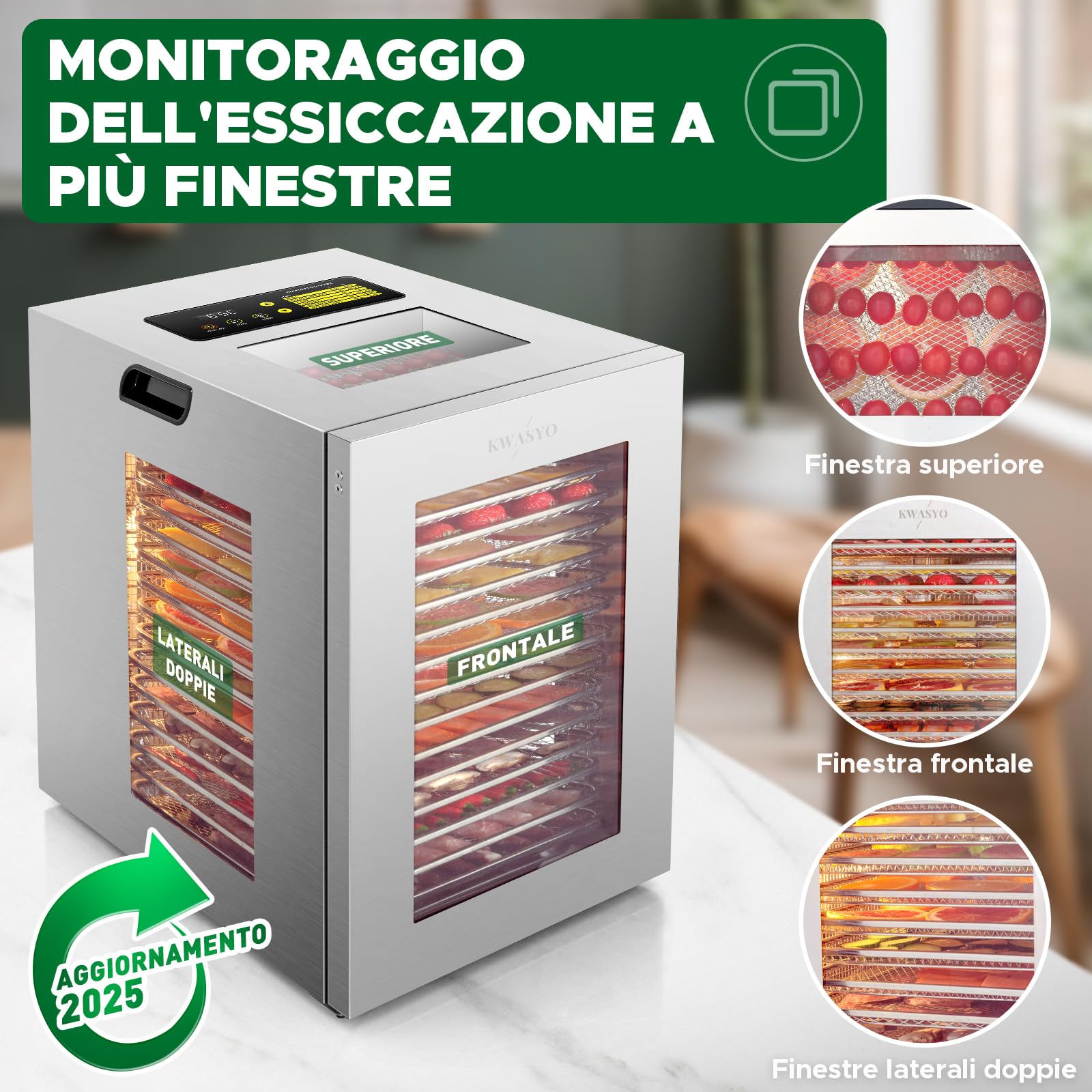 Kwasyo Essiccatore Alimenti 15 Vassoi Inox, 1200W Doppia Ventola, per Carne, Frutta, Snack Cani, Erbe, Temp. Regolabile 90°C, Timer 24H, Finestre Multiple, Essiccazione Potente