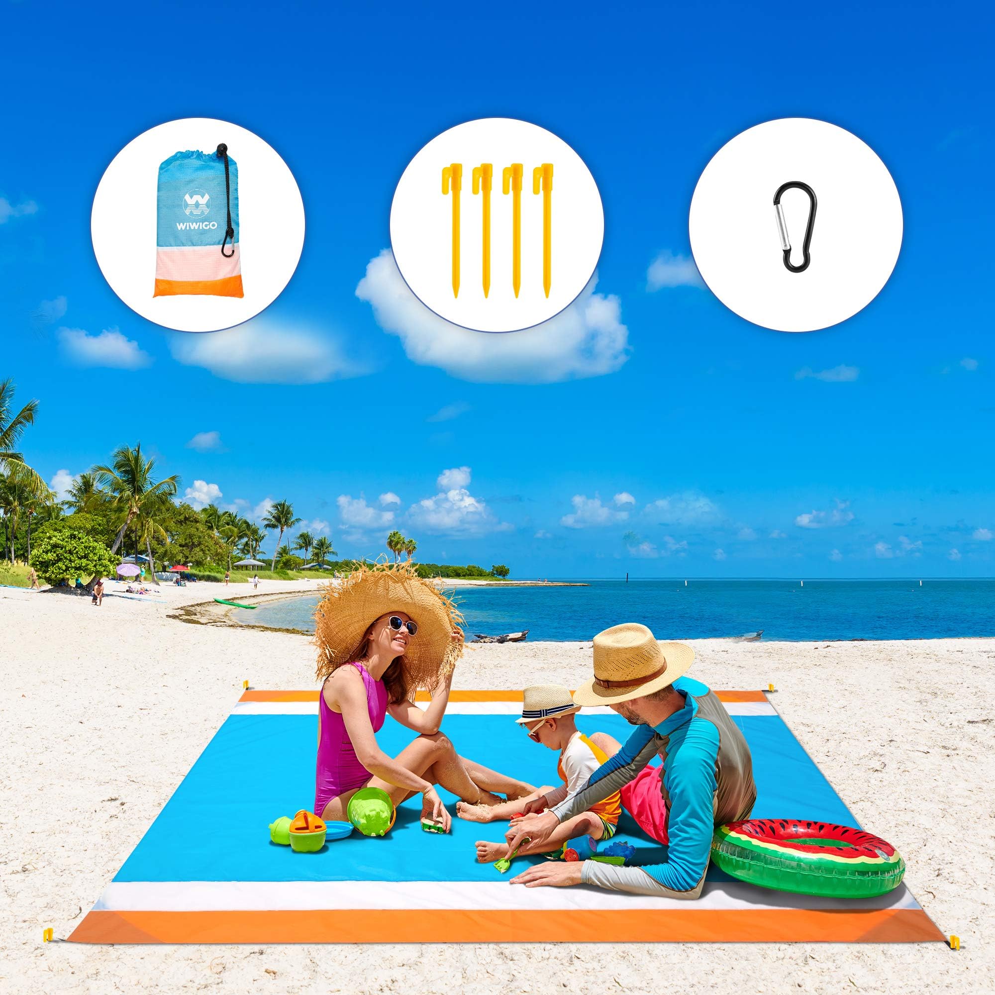 WIWIGO Sand Free Beach Blanket Lightweight Waterproof Beach Mat, Outdoor Portable Picnic Mat for Travel, Camping, Hiking Compact Sand Proof Mat Quick Drying (Orange&Blue)