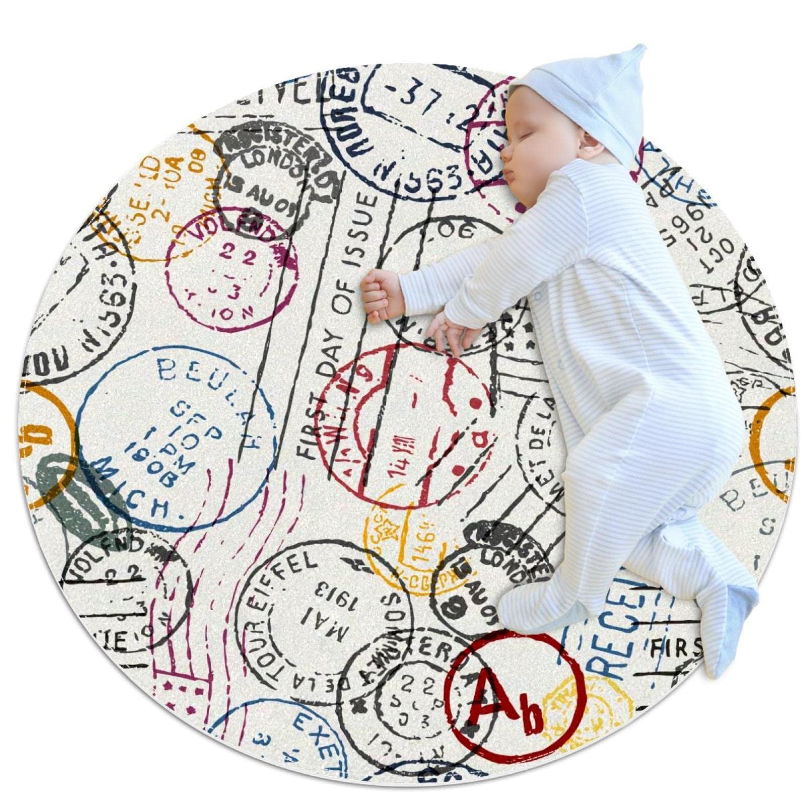 Tapis rond pour chambre JDEZ motif timbres rétro nostalgie