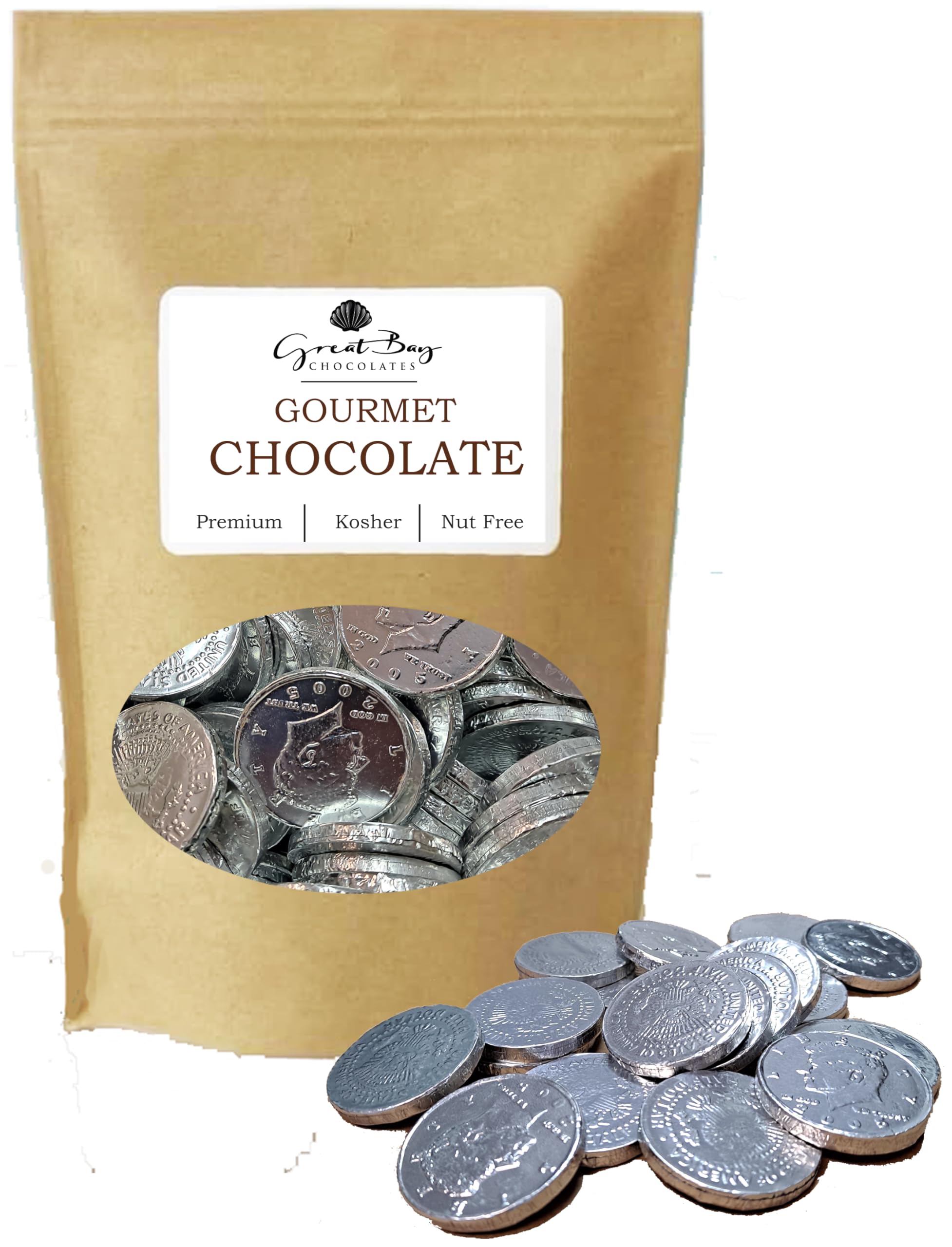 Great Bay ChocolatesLarge Silver Milk Chocolate Coins. Nut-Free (12 OZ - Approximately 45 pieces)