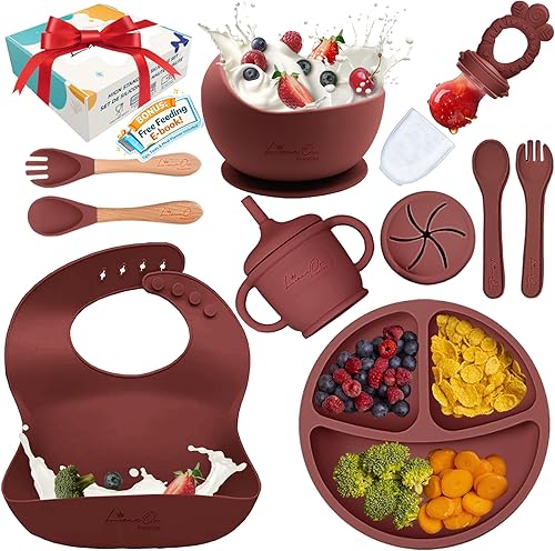 Juego de alimentación de silicona para bebés – 10 piezas de suministros de destete dirigido por el bebé y utensilios para bebés | Sin BPA, babero,