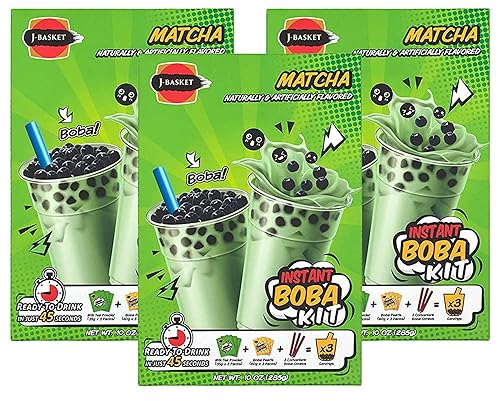 J-Basket - Kit de Boba de té de leche de perlas de burbujas con auténtica tapioca Boba popotes incluidos 10 onzas paquete de 3 Matcha paquete de 3