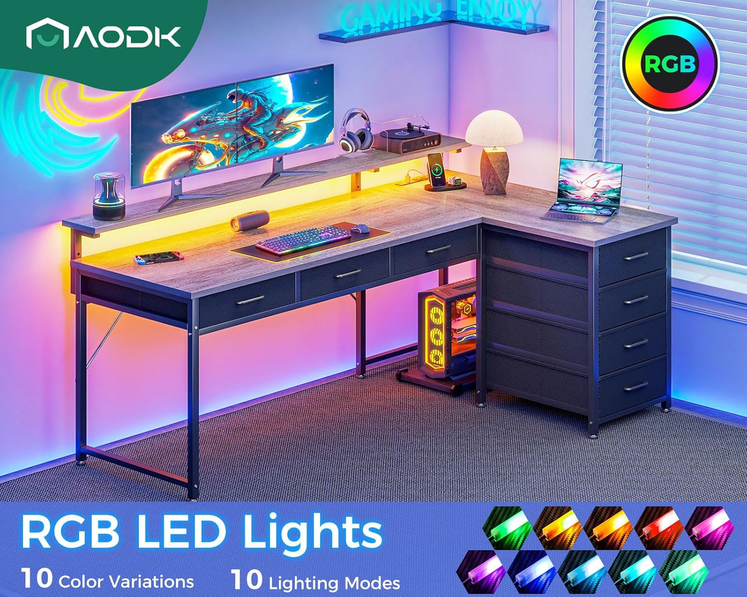 RGB LED Lights on AODK L Shaped Desk