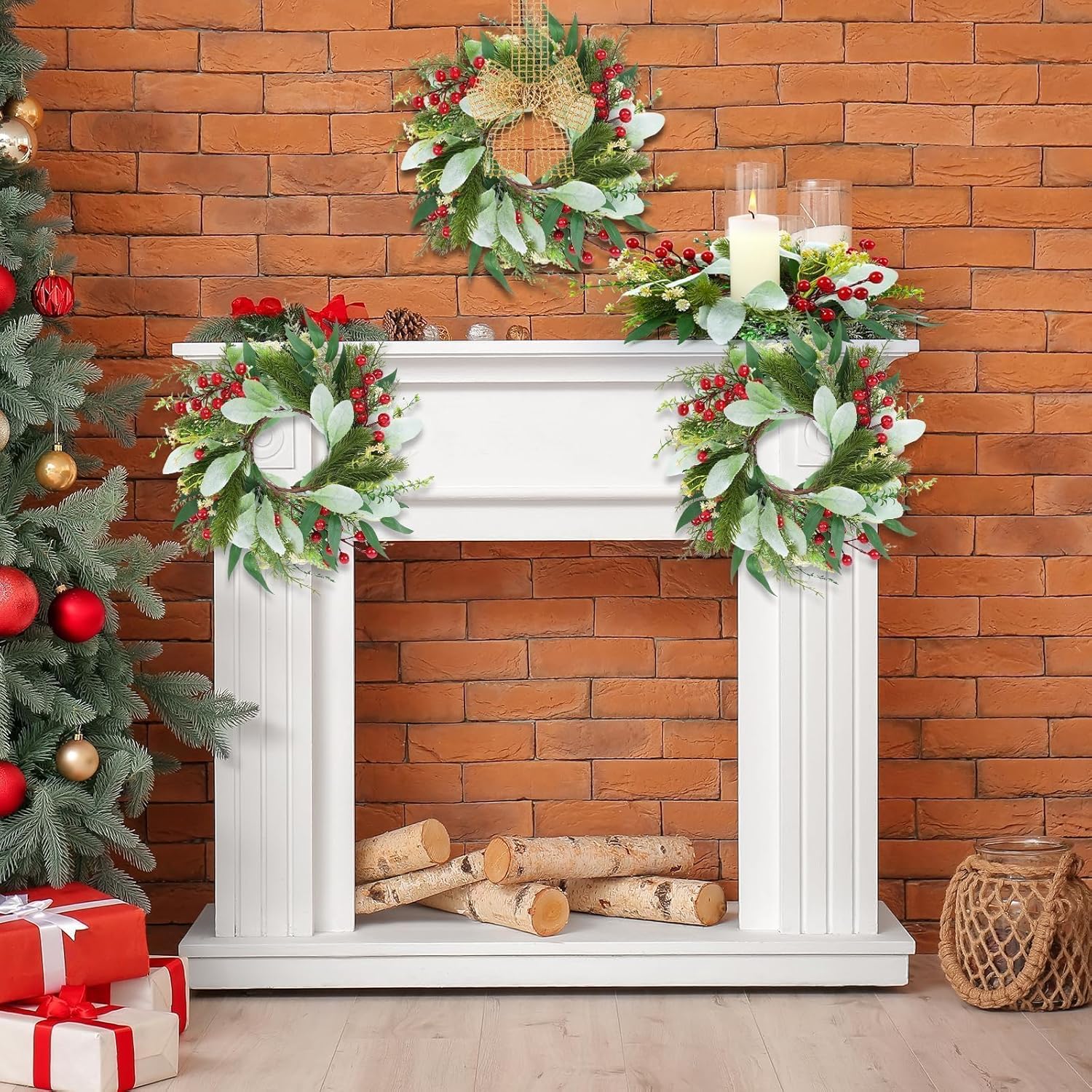 6 Pcs 9 Inch Mini Christmas Lambs Ear Wreaths for Kitchen Cabinet Small Eucalyptus Wreaths Xmas Lambs Ear Candle Rings Wreath for Christmas Front Door Porch Wall Window Indoor Outdoor Decorations