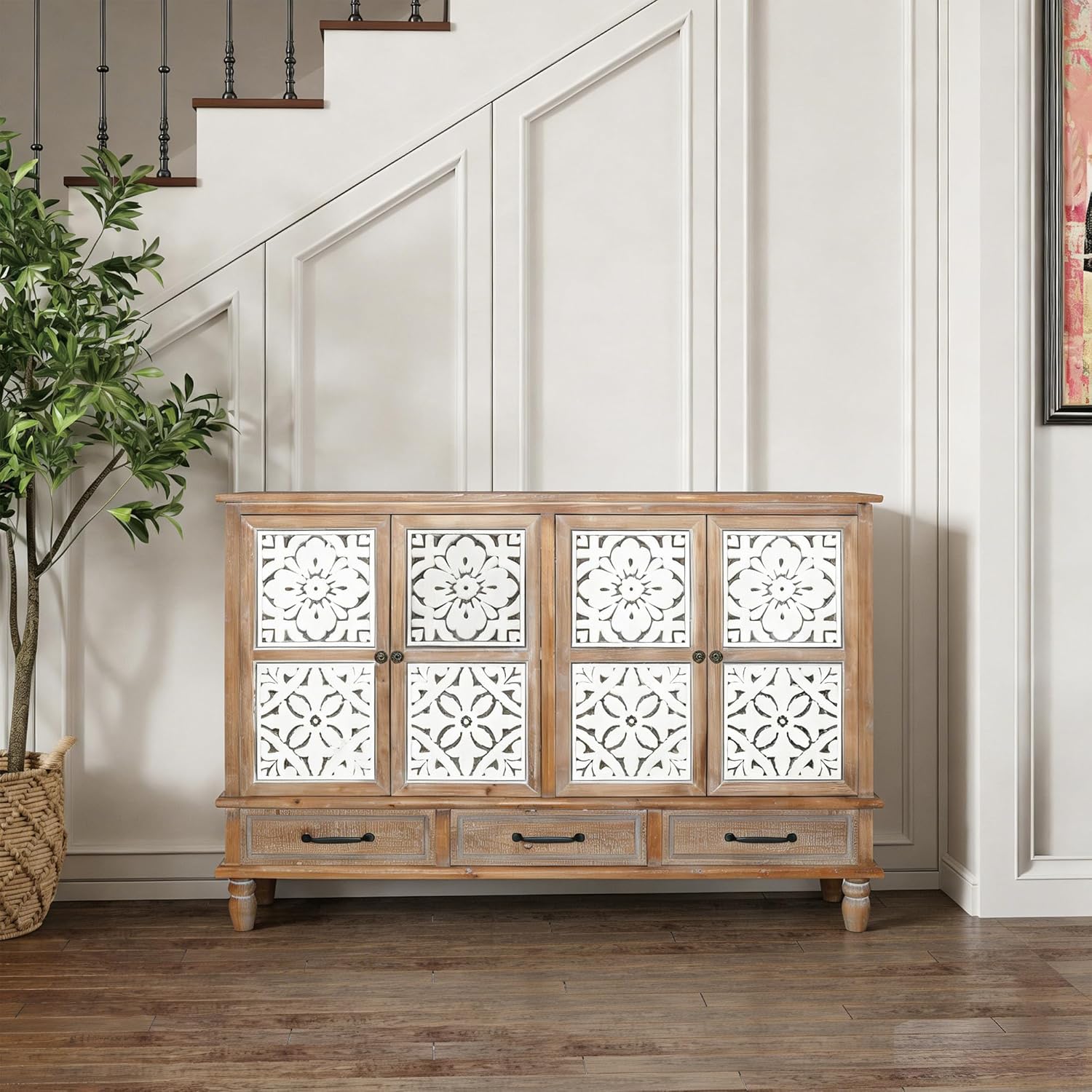 LKTART 59" French Country Vintage Sideboard Buffet Cabinet with Embossed Floral Metal Doors and Solid Wood Frame, Retro Storage Cabinet for Kitchen, Living Room,Natural Wood
