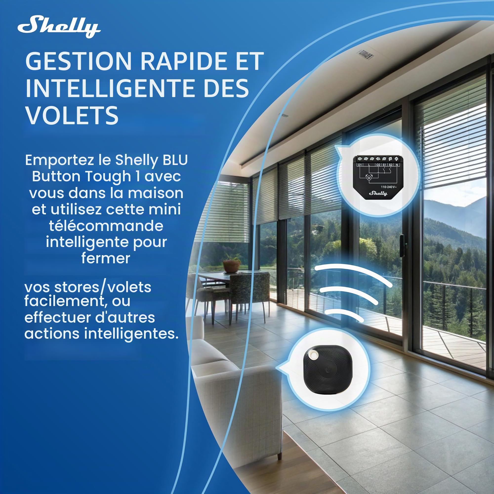 Shelly Shutter et Shelly BLU Button Tough 1 - Module interrupteur volet roulant connecté avec télécommande, 110-240 V, 4A, Mesure consommation, Horaires, Compatible Alexa, Google Home, Smart Things