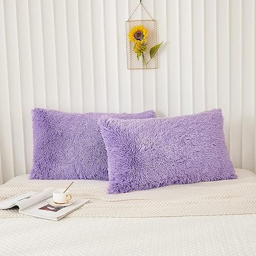 Miniatura 2 de Juego de 2 fundas de almohada esponjosas de piel sintética, terciopelo lanudo de color lavanda, tamaño estándarqueen, cierre de cremallera (20 x 26