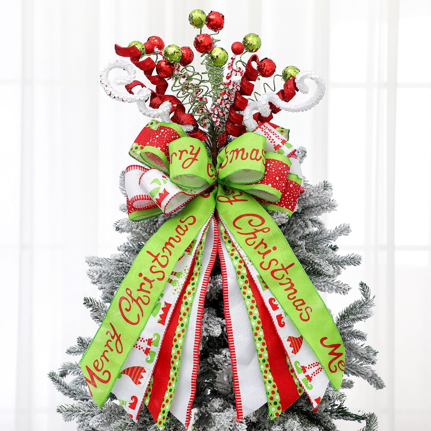 Liliful 23 Inch Large Red Green Christmas Tree Topper Bow Lime Green Tree Topper Glitter Sequins Ball Curly Whimsical Picks for Xmas Holiday Home Indoor Outdoor Decor