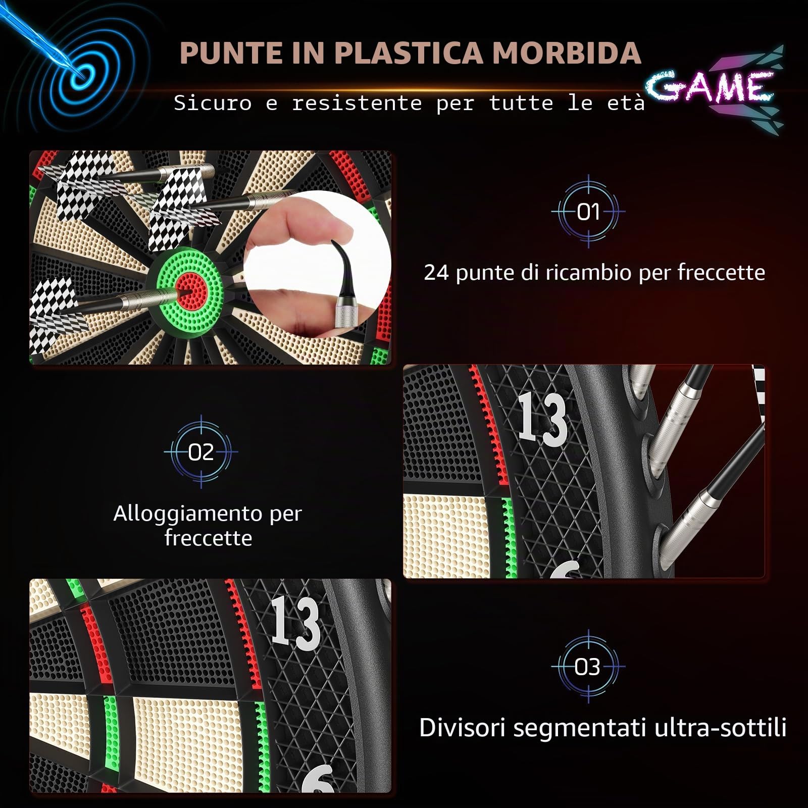 Bersaglio Elettronico Professionale con 6 Freccette con 4 Schermo LCD, Bersaglio Freccette Elettronico offre 27 Giochi e 243 Modi, Rendendolo per Amici, Famiglia, Ufficio e Feste al Pub.