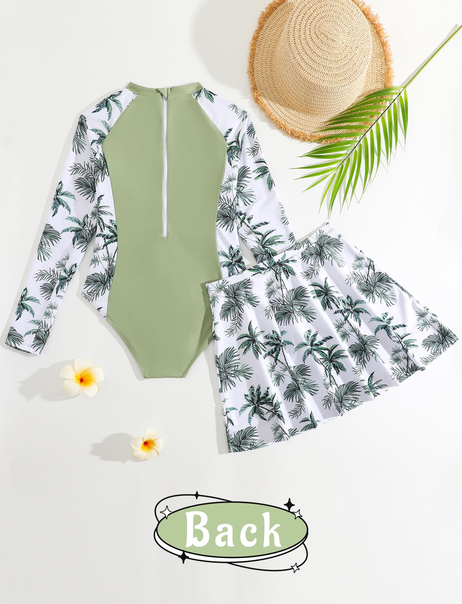 SEAUR Girls Two Piece Rash Guard Swimsuits UPF 50+ Sun Protection Long Sleeve Bathing Suit with Skirt Tropical Leaves Print Beach Swimwear 10T