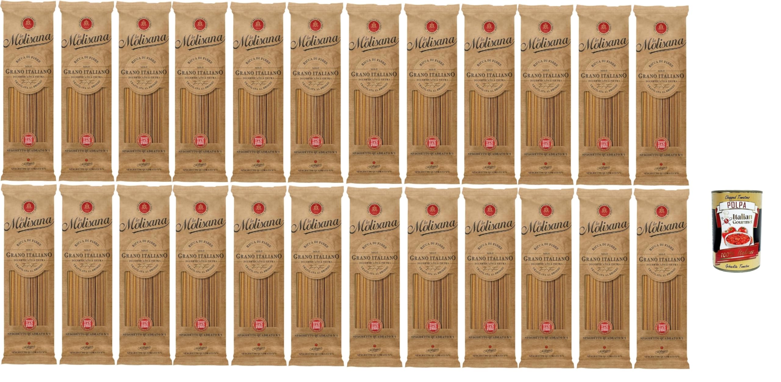 Italian Gourmet Spaghetti quadrati n°1 pasta integrale Vollkorn, 24 x 500g | 100% grano italiano, bronzata e ricca di fibre, bissfest für Saucen, Gesamtnettogewicht 12 kg + Kostenlos Polpa 400g