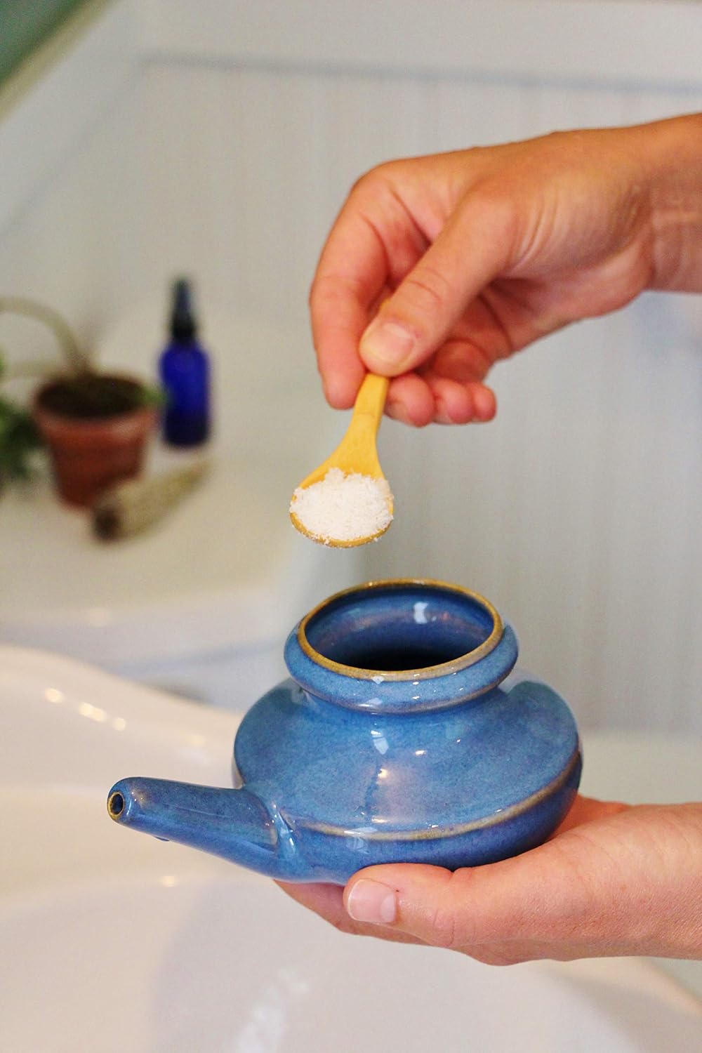 Baraka Handcrafted Ceramic Neti Pot & Infused Sea Salt Bundle - Sinus Tool Kit for Home - Durable, Food Grade, Dishwasher Safe, 10oz Ceramic Pot & 4oz Essential Oil Infused Neti Salt - (Blue) image 5