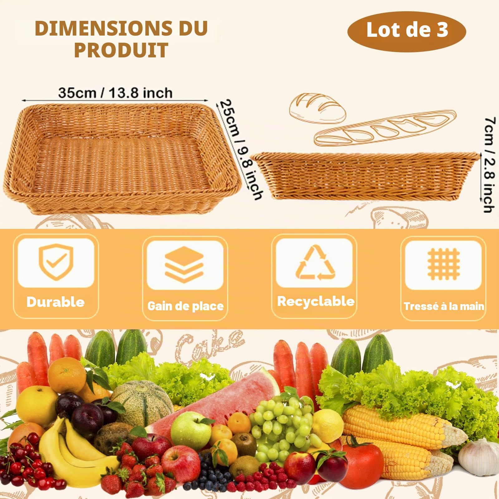 AKOLAFE 3 Pièces Corbeille a Pain en Osier 35 x 25 x 7 CM Panier Pain Empilables Panier a Pain de Service Brun Panier Osier Rectangulaire Corbeille Osier pour Pain, fruit, Légume, Ustensile de Cuisine