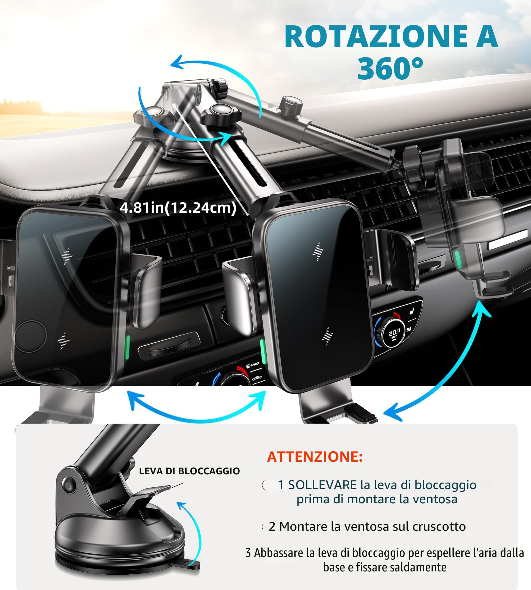 Caricatore Wireless,15W Supporto per Telefono Auto con Ricarica Wireless,Caricabatterie Da Senza Fili,Doppia Bobina,Supporto Di Ricarica Per Auto Per Samsung Galaxy,i-Phone Series (X6)