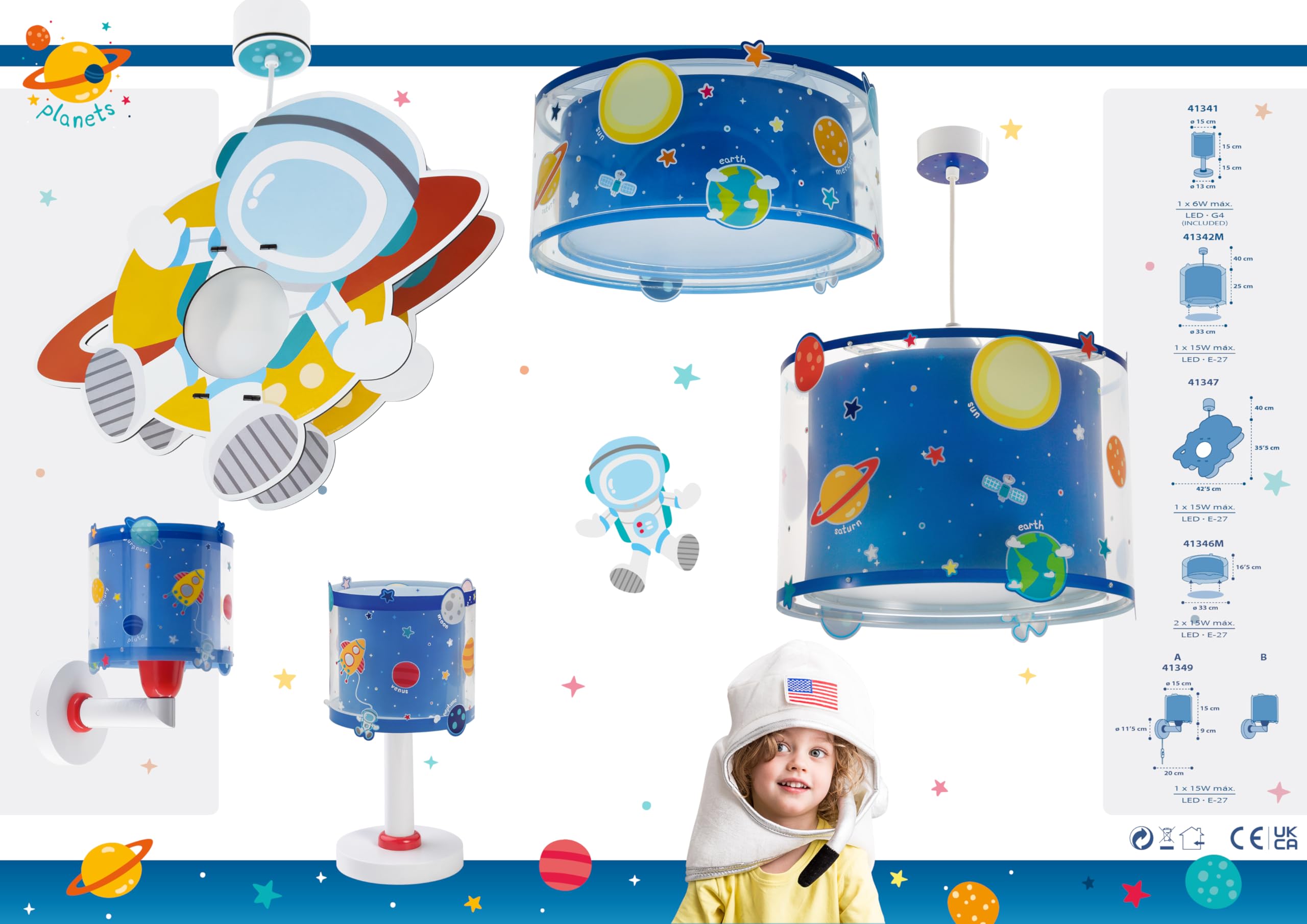 Dalber Lampe Suspension Plafonnier Enfants Planètes Système Solaire E27 Bleu