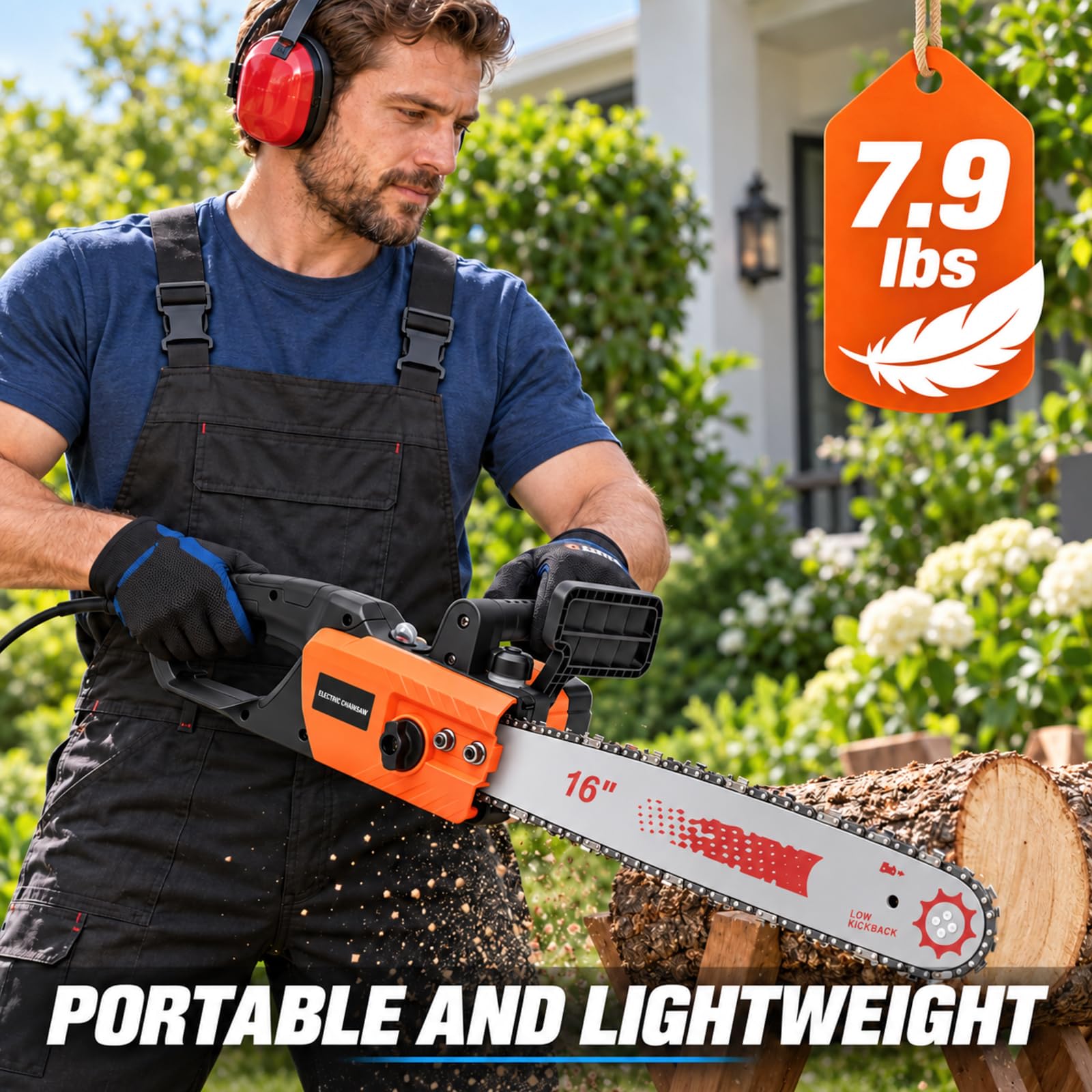 16 Pulgadas Motosierra Eléctrica con Cable 1600W, Velocidad de Corte 8m/s