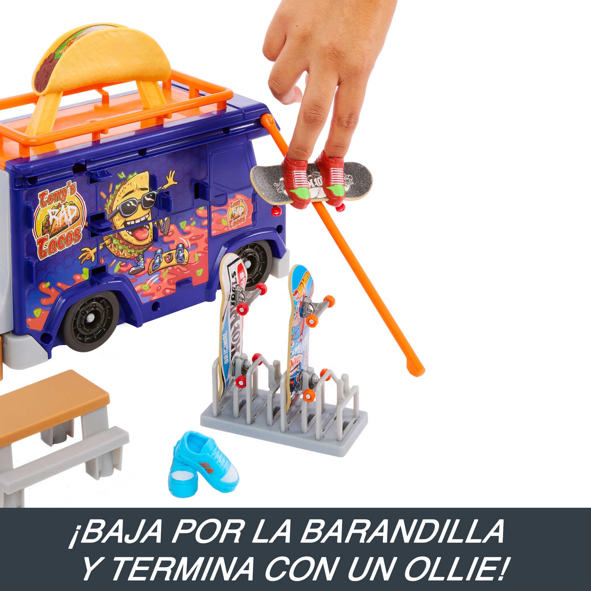 Hot Wheels Skate Camión de Tacos Set de Juego con monopatín de Juguete y Zapatillas para Dedos, +5 años (Mattel HMK00)