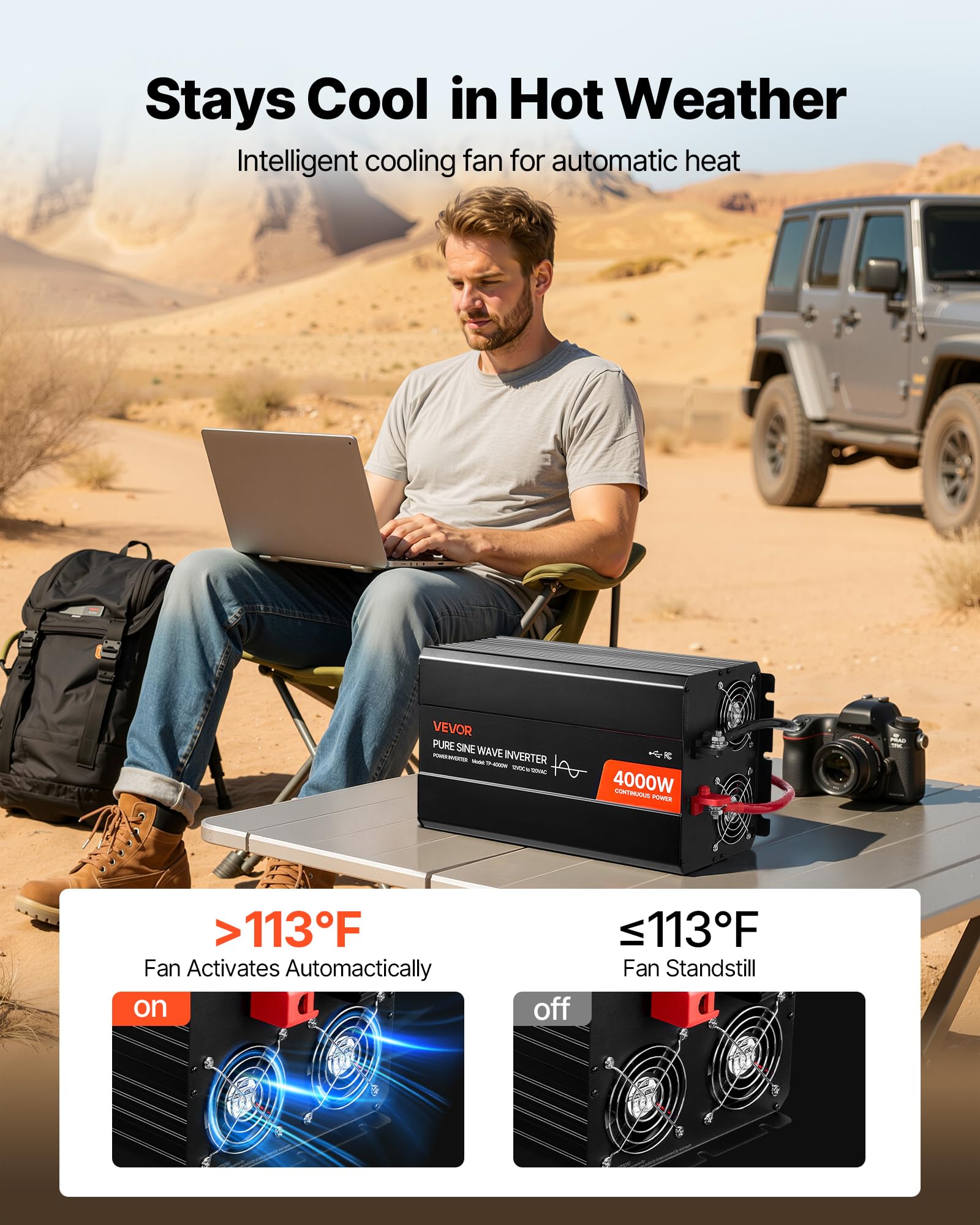 VEVOR Falownik prądu 4000 W, czysty falownik sinusoidalny 12 V DC na 230 V AC, konwerter ładowarki samochodowej z wyświetlaczem LCD, pilotem zdalnego sterowania, portami USB i typem C, gniazdami AC