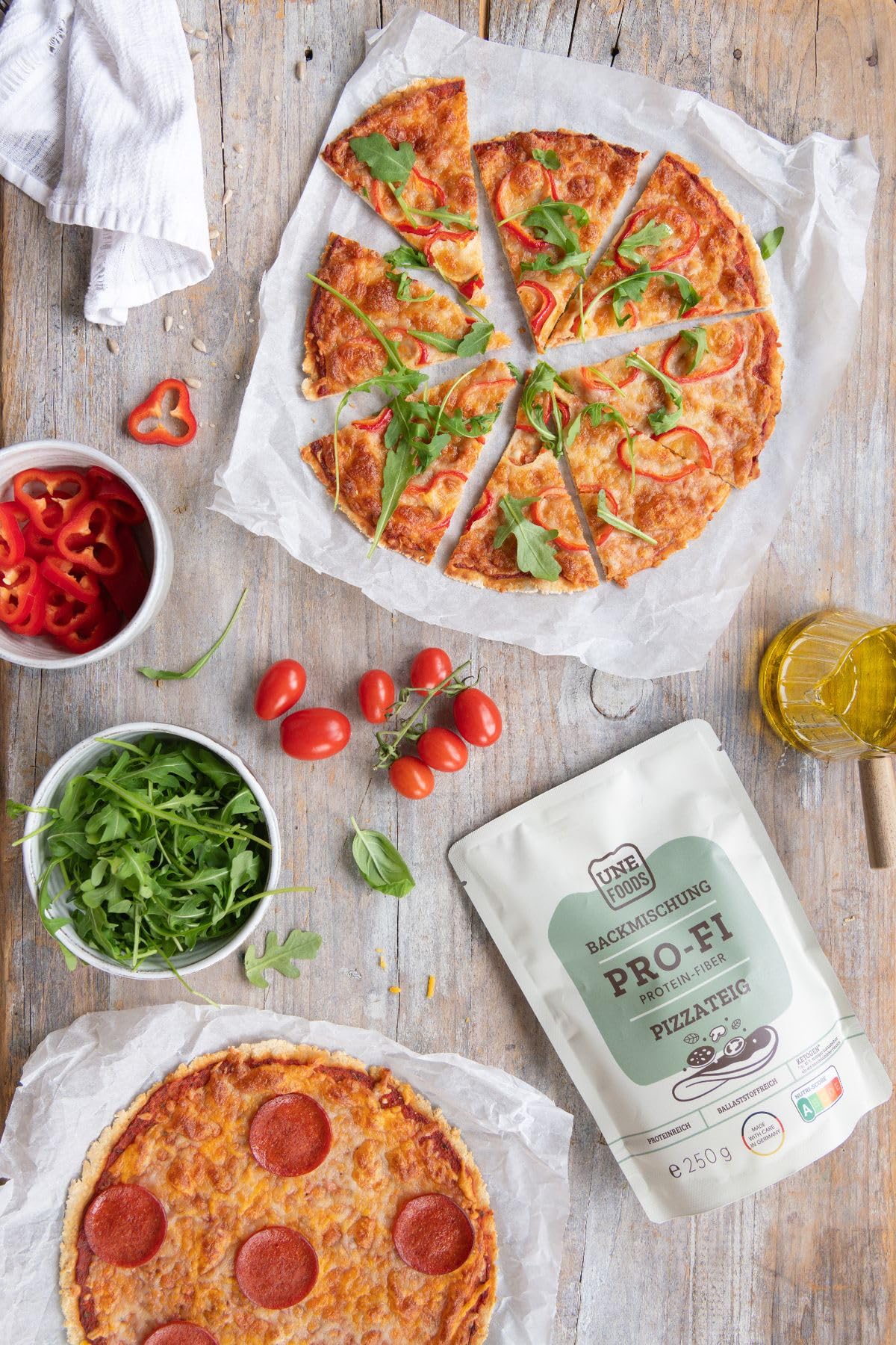 UNE FOODS PREMIUM Pro-Fi – Low-Carb Protein Pizza Backmischung – 250 g | Ballaststoffreich & Eiweißreich | Ohne Zuckerzusatz | Pizzateig zum Selbermachen