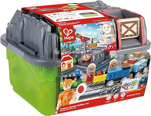 Miniatura 2 de Hape Conjunto Railway Bucket Builder | Juguete de Tren de Madera Multicolor de 50 Piezas, Kit de Construcción para Niños