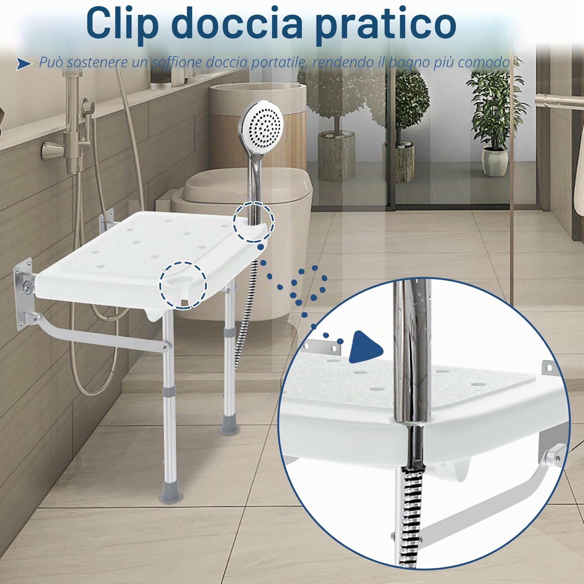 FIVMEN Sedia da doccia pieghevole a parete con gambe ribaltabili, regolabile in altezza, antiscivolo, portata fino a 200 kg
