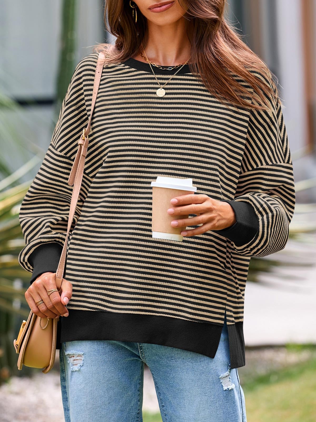 Sudadera de otoño de gran tamaño para mujer, informal, de punto gofre, manga larga, cuello redondo, dividida, túnica — view 2