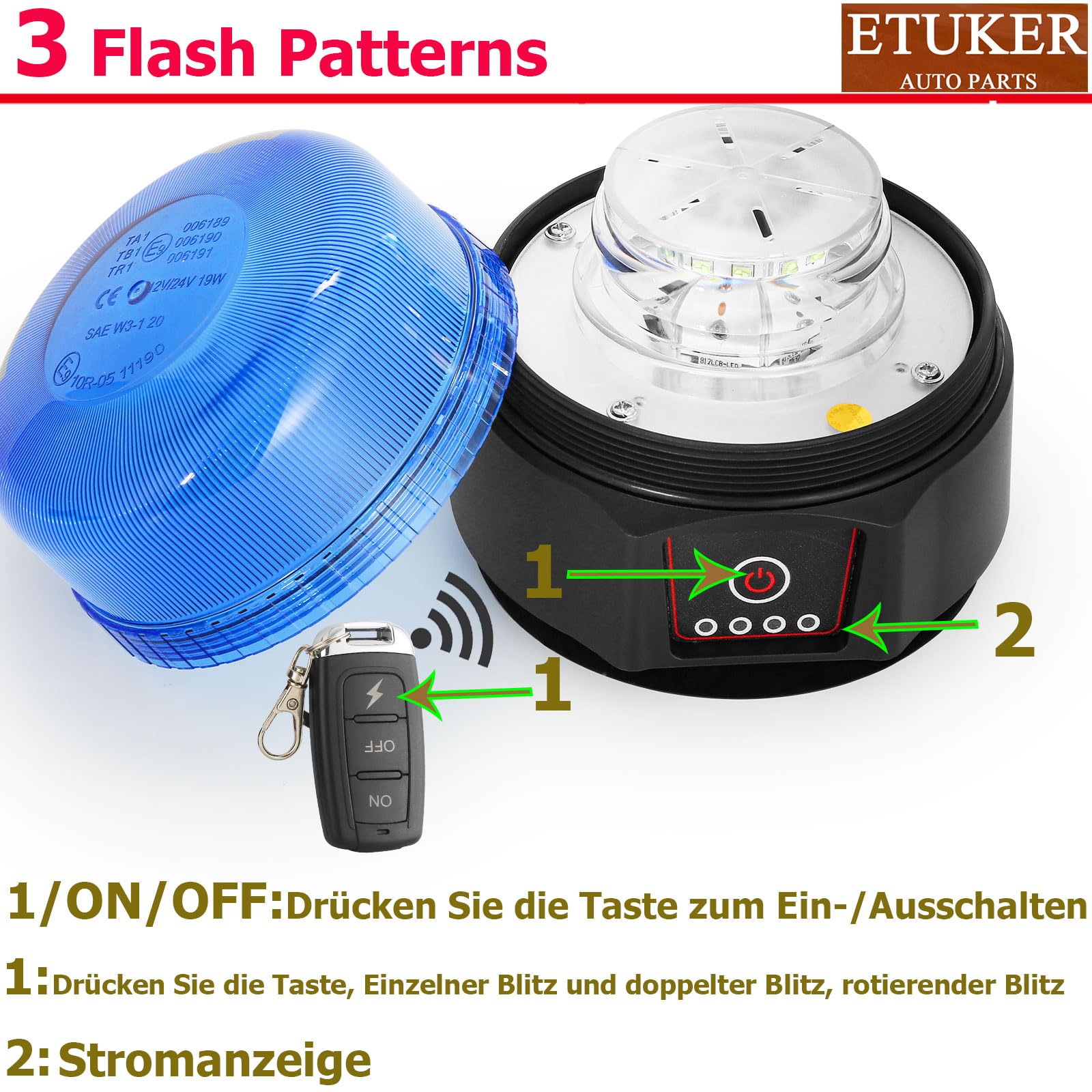 Luce a LED a batteria, luce lampeggiante senza fili, blu, 3 modelli flash, per auto, colore blu, con telecomando, trattore, camion, impermeabile