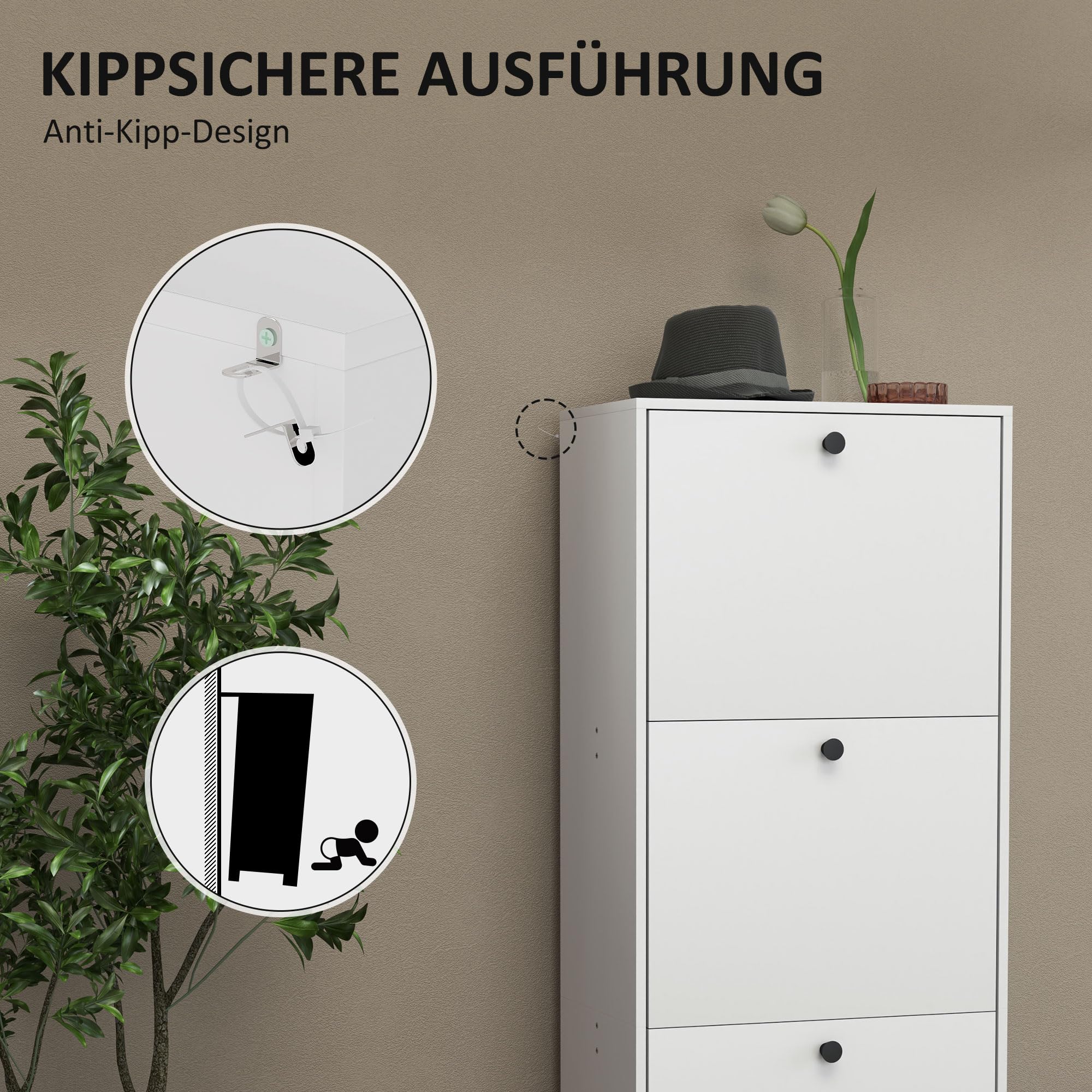 HOMCOM Schuhschrank mit 3 Klappen für 12 Paar Schuhe 47 x 28 x 115 cm Weiß