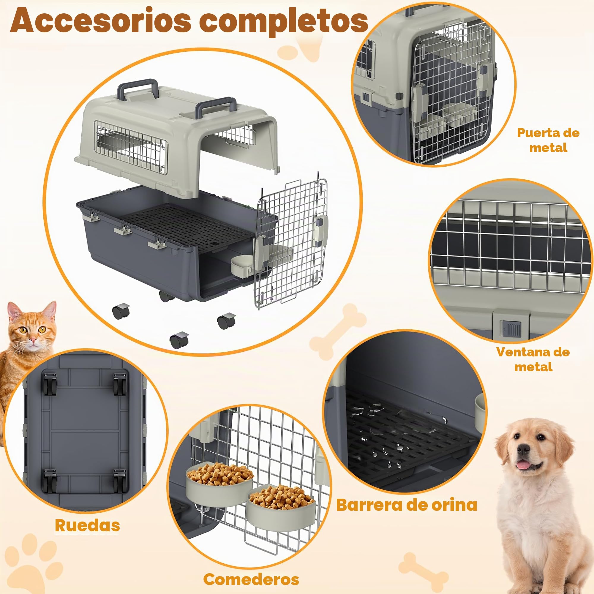 Froadp Transportbox para mascotas, perro, gato, caja de plástico PP, 67 x 51 x 58,5 cm, caja de transporte para gatos, caja de transporte para perros con ruedas, espaciador de orina y cuencos