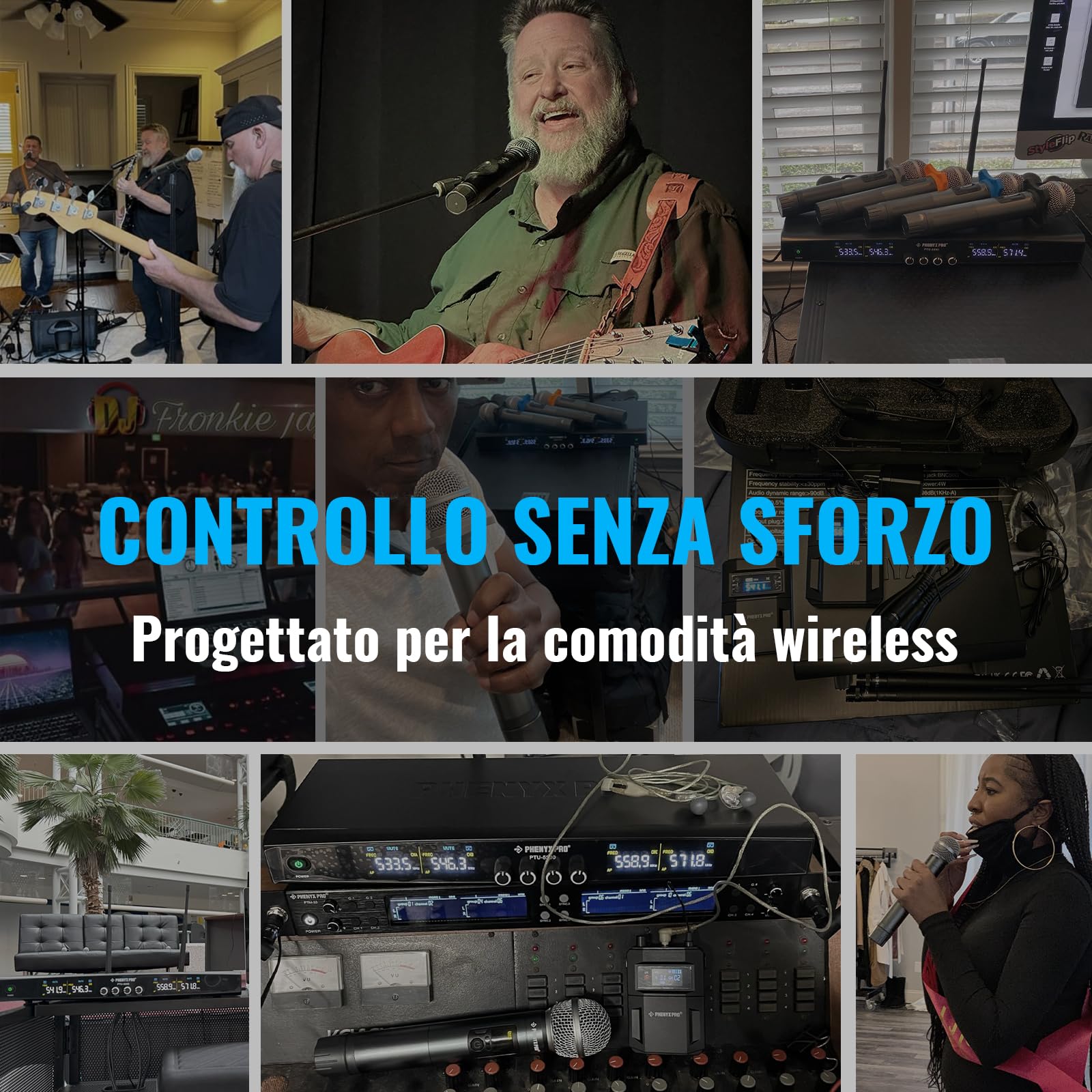 Phenyx Pro Sistema microfono wireless in metallo, microfoni dinamici palmari senza fili per canto, karaoke, chiesa, 2x30 frequenze sintonizzabili UHF, portata di 200 piedi (PTU-52-2H)