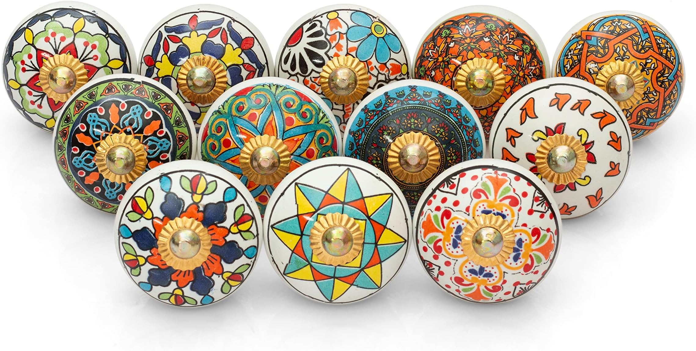 Craft Trade Door Knobs for Drawers - Assorted Ceramic Blue Pottery Brass Fitting Pull Handle for Cabinets and Dressers Antique Furniture Hardware Accessories - Multicolor Mandala - Pack of 12