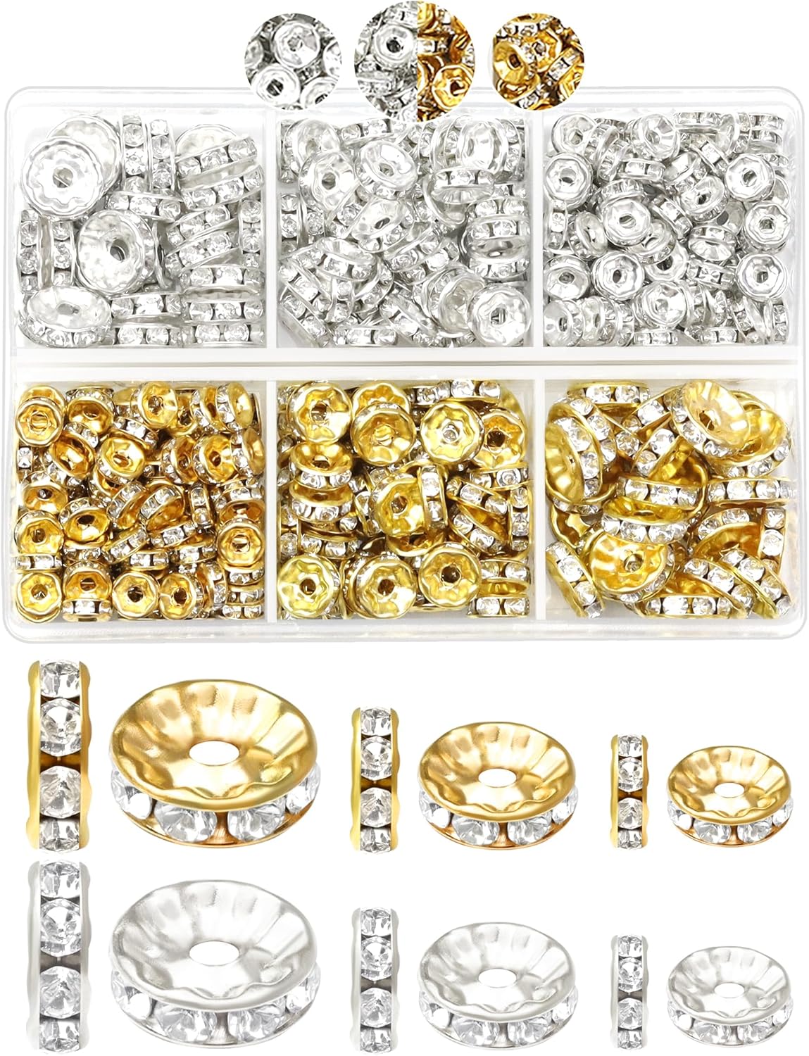 300pcs FIVEIZERO Rondelle Spacer Beads for Jewelry Making, 6mm, 8mm, 10mm Beads with Holes, Gold & Silver Rhinestone Beads for Beaded Pens, Craft Projects, Bracelets & Necklaces