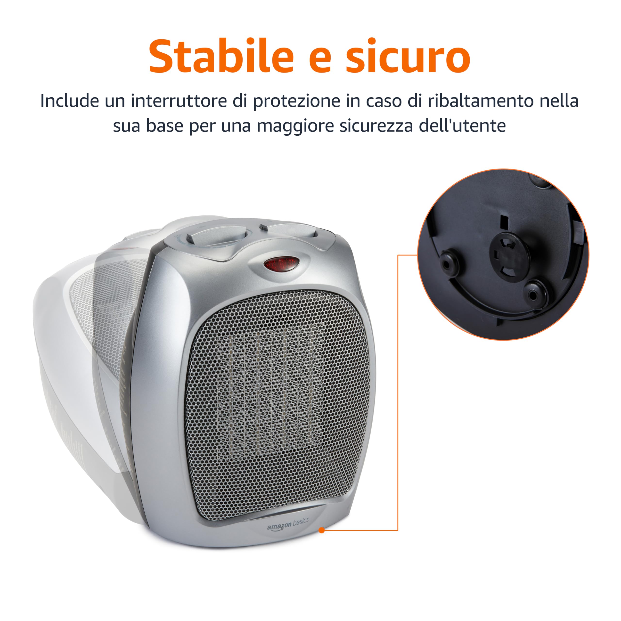 Amazon Basics Termoventilatore in ceramica da 1800 Watt con termostato regolabile - Argento
