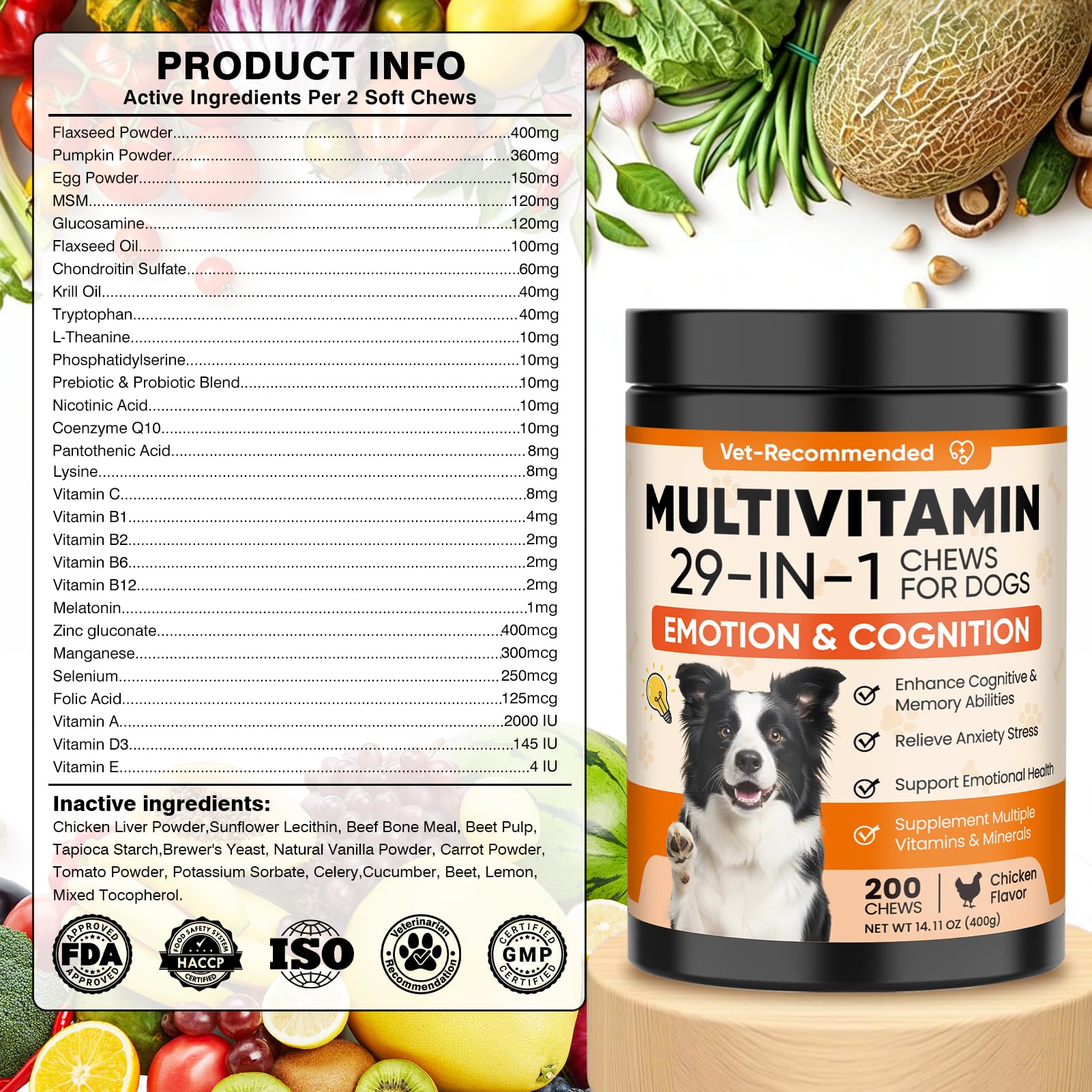 29-in-1 Advanced Cognition Dog Vitamins and Supplement with Melatonin Omega-3 L-Theanine 200 Ct Dog Multivitamins Chewable Supports Cognitive Function, Nervous System, Overall Health - Chicken Flavor - image 6
