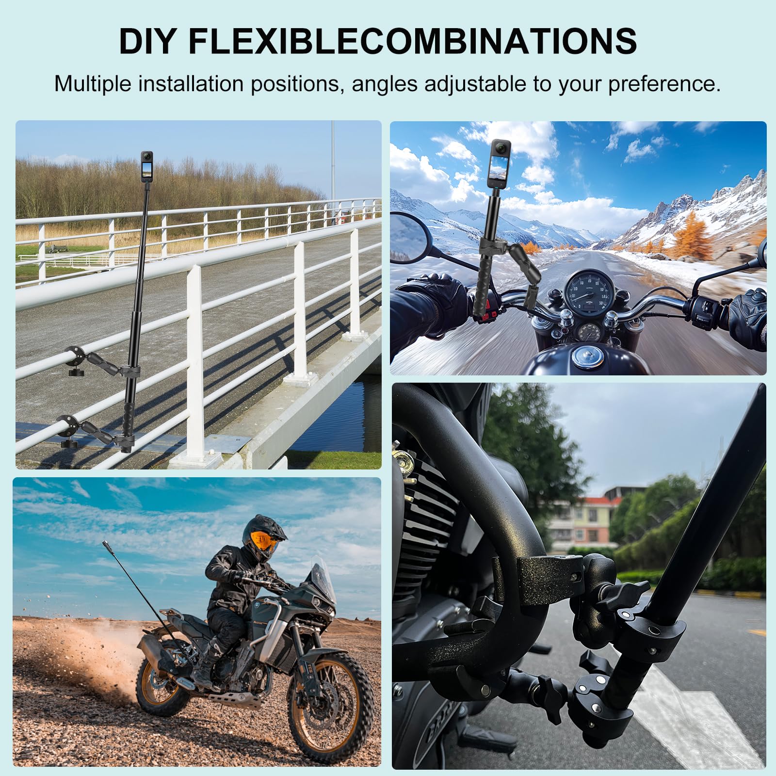 PULUZ Supporto per fotocamera da moto con 2 granchi a doppia testa e bastone per selfie da 150 cm, set per riprese in prima persona, supporto per manubrio bicicletta Insta360 X4 X3 X2 ONE RS R ace