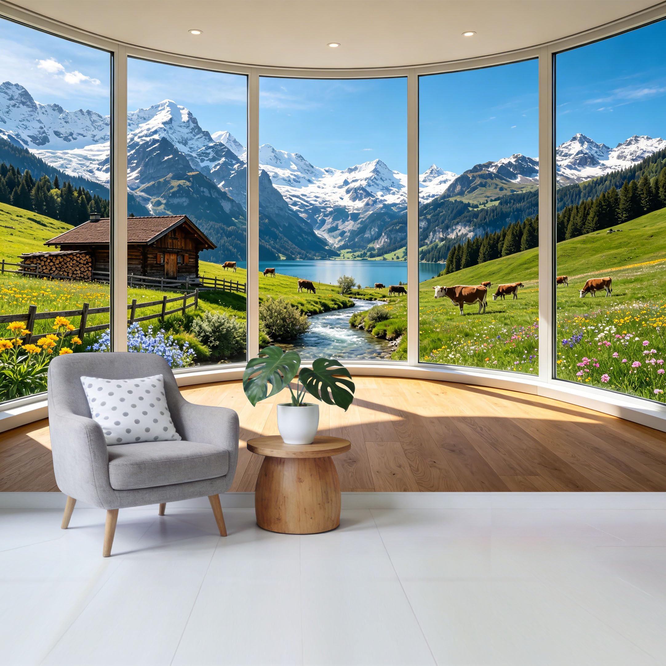 Removable Self Adhesive Fabric Mural， Alpine Meadow Mountain Lake Custom Size Wall Covering， UV Protected Waterproof Washable Wall Decor for Living Room Bedroom Bathroom