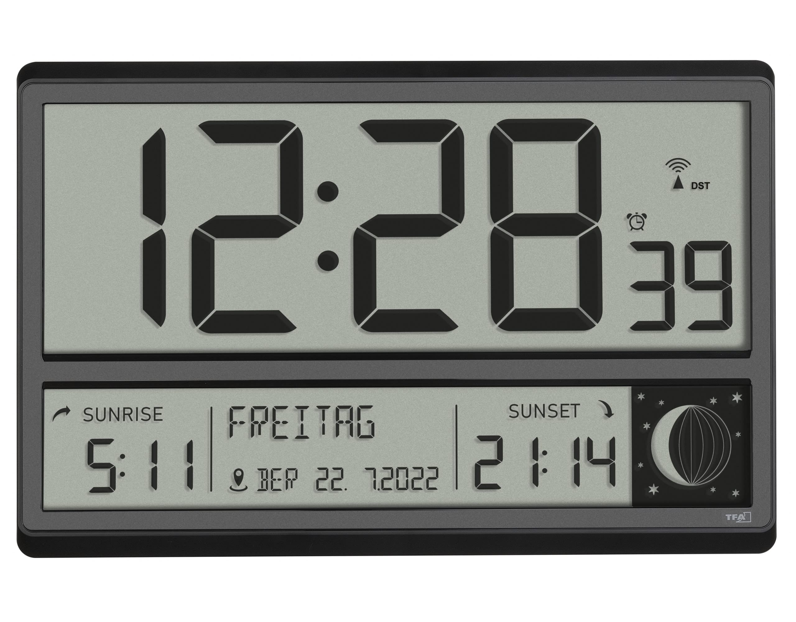 TFA Dostmann Orologio da parete digitale XL, 60.4524.01, con alba e tramonto, sveglia radiocontrollata, cifre grandi, fasi lunari, silenzioso, nero