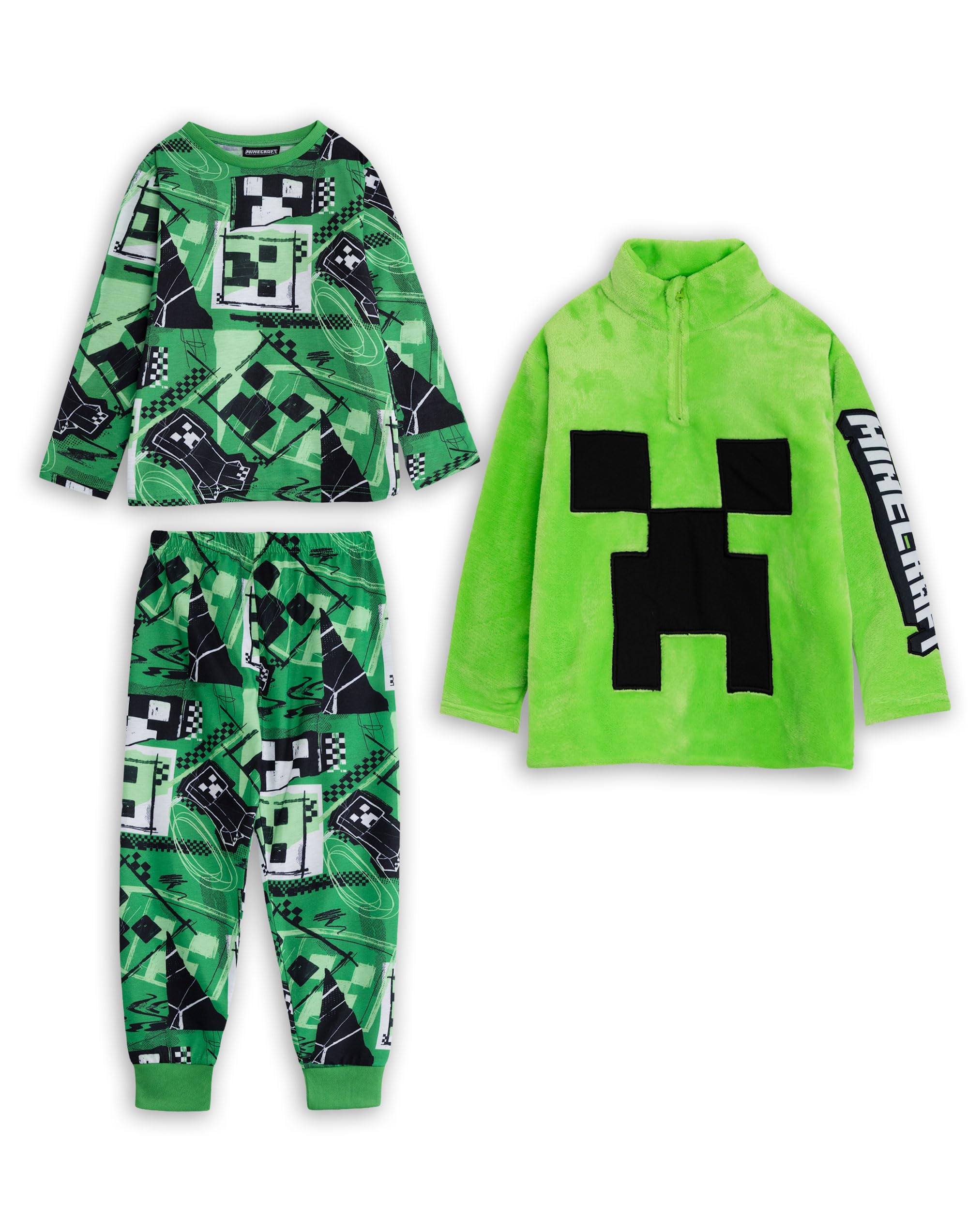 MINECRAFT Pigiama e Maglione a Maniche Lunghe Verde Creeper per Ragazzi, 3 Pezzi in Pile con Cerniera e Collo a Imbuto | Abbigliamento da Notte per Bambini