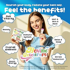 Colostrum Supplement Powder - Grass Fed Bovine Colostrum with 60% IgG, Hyaluronic Acid, Zinc & Biotin | Supports Gut Health, Immune System, Beauty & Hair Growth | Unflavored, 50 Servings Packets