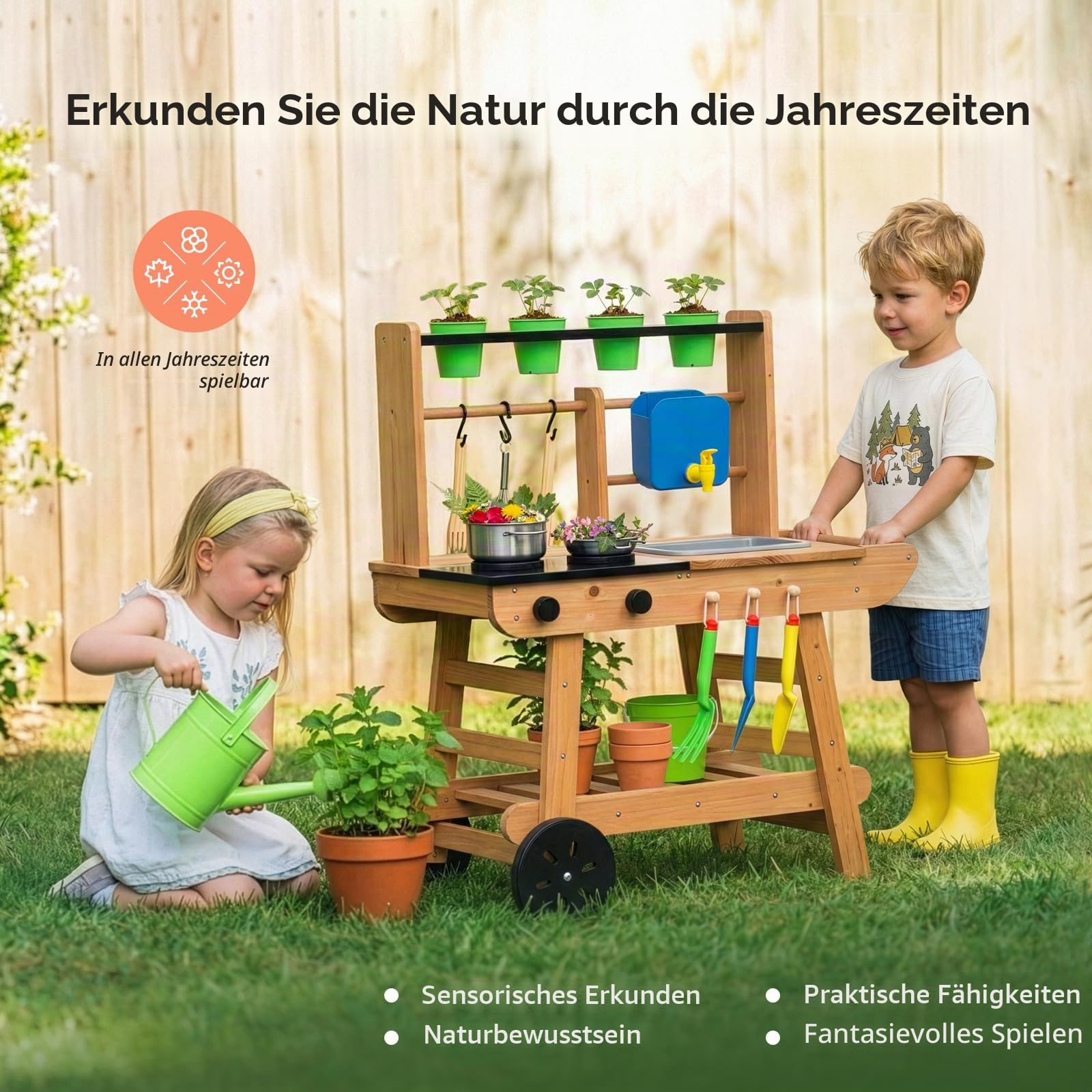 OOOK Matschküche Kinder Outdoor mit Rädern, Outdoorküche Kinder aus Holz | Multifunktionales Gartenspielküche Outdoor aus Tannenholz, für Jungen und Mädchen ab 3 Jahren, Vollständiges Zubehör Set