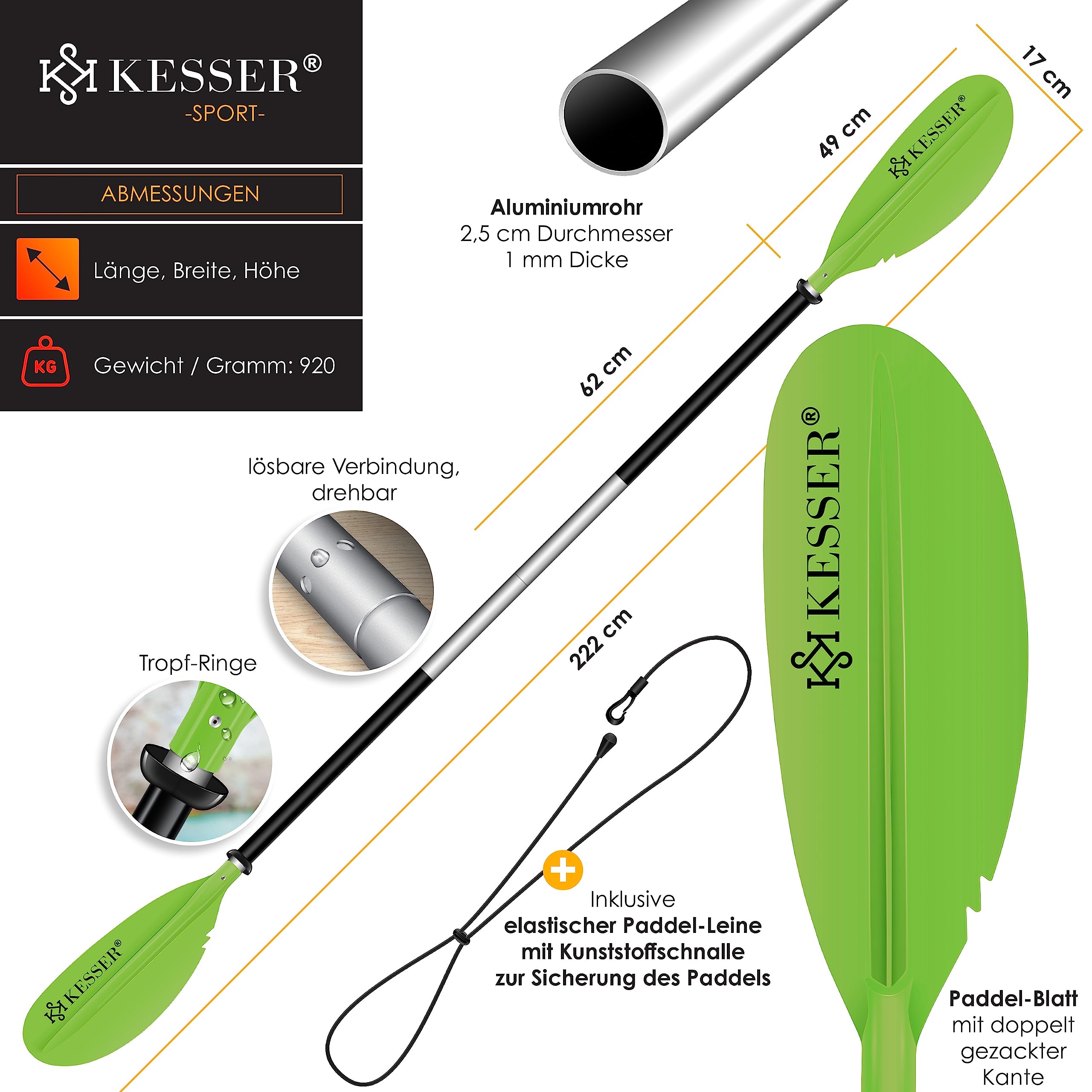 KESSER® Paleta Doble – 4 Piezas para Canoa Kayak Sup Stand-Up Paddling Board Pala de Remo, 228 cm de Aluminio, Muy Ligera para Bote Inflable, Remo, Kayak, Surf Board Bote