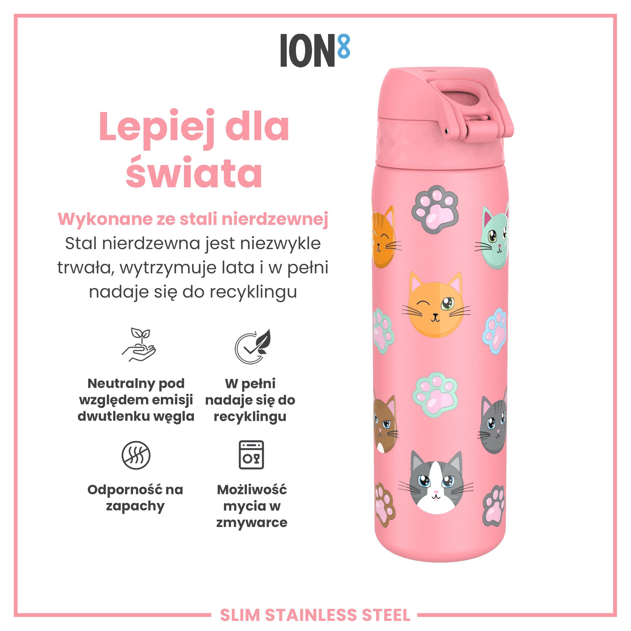 ION8 Butelka na Wodę, 500 ml/18 oz, Szczelna, Łatwe Otwieranie, Bezpieczny Zamek, Można Myć w Zmywarce, Bez BPA, Higieniczne Pokrycie, Uchwyt do Przenoszenia, Łatwa Czyszczenie, Bezwonny, Motyw Koty