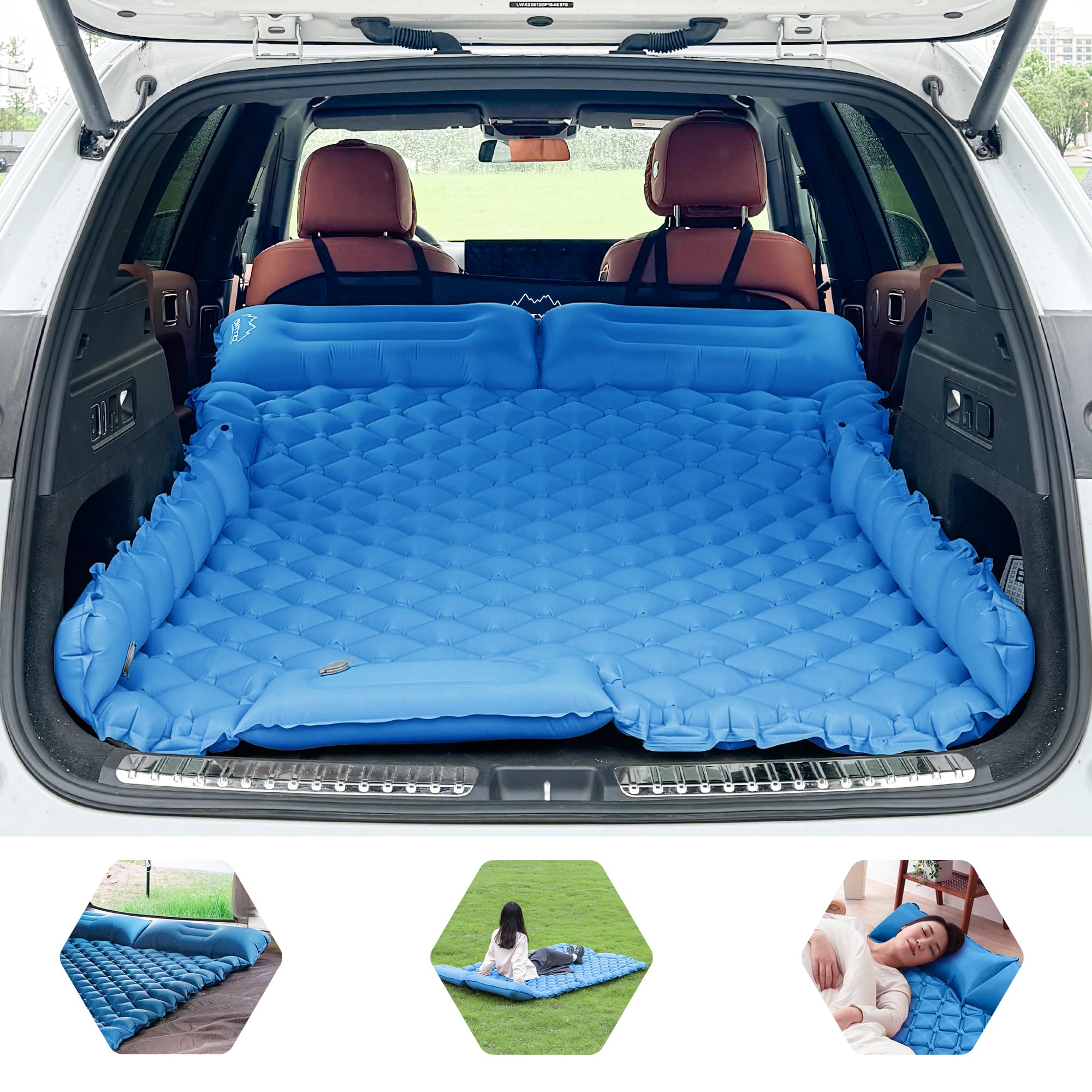 ONTYZZ Double Ultralight Inflatable Sleeping Pad SUV Car Mattress 2 Person Camping Sleeping Pad Built-in Foot Pump for Camping Car, Blue