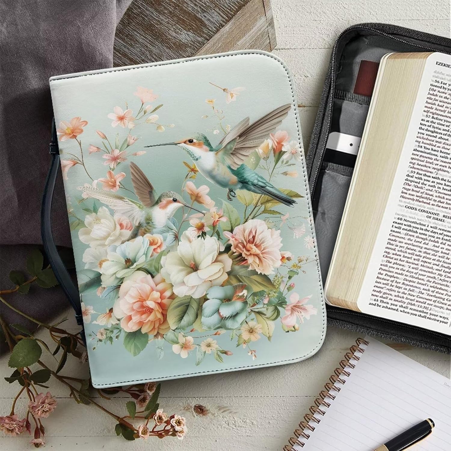 Chinese Rose Hummingbird Print Bible Cover Portable Bible Carrying Case PU Leather Bible Holder Pack Book Bag with Top Handle Church Scripture Protective Bag for Christian Prayer, XL