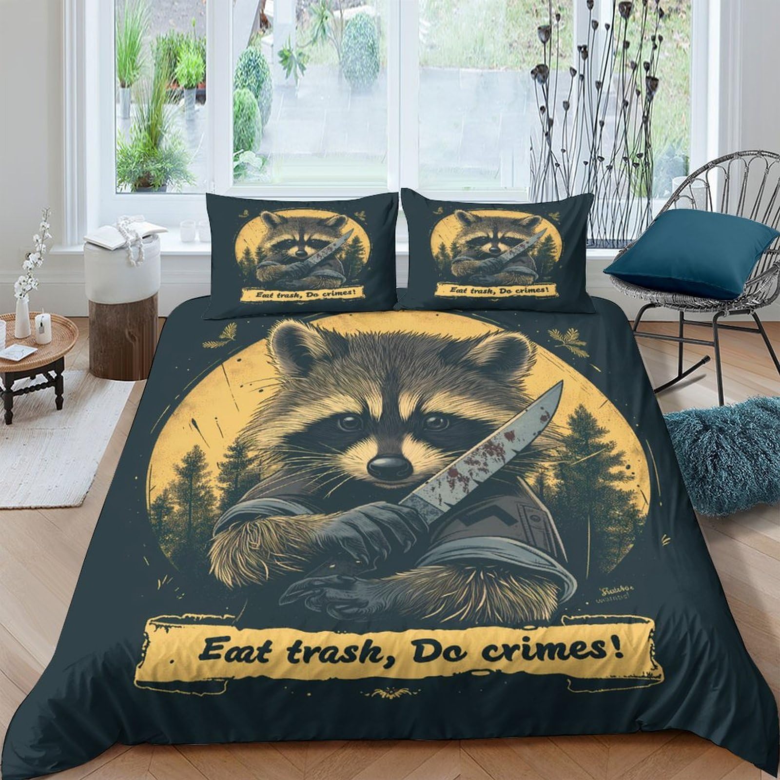 Raccoon mit Messer 3-teiliges Pflegeleichtes Polyester Wildes Tier Art Style Bettbezugset, 2 Kissenbezug, Unsichtbarer Reißverschluss, Für Erwachsene, Babysicher King（220x240cm）