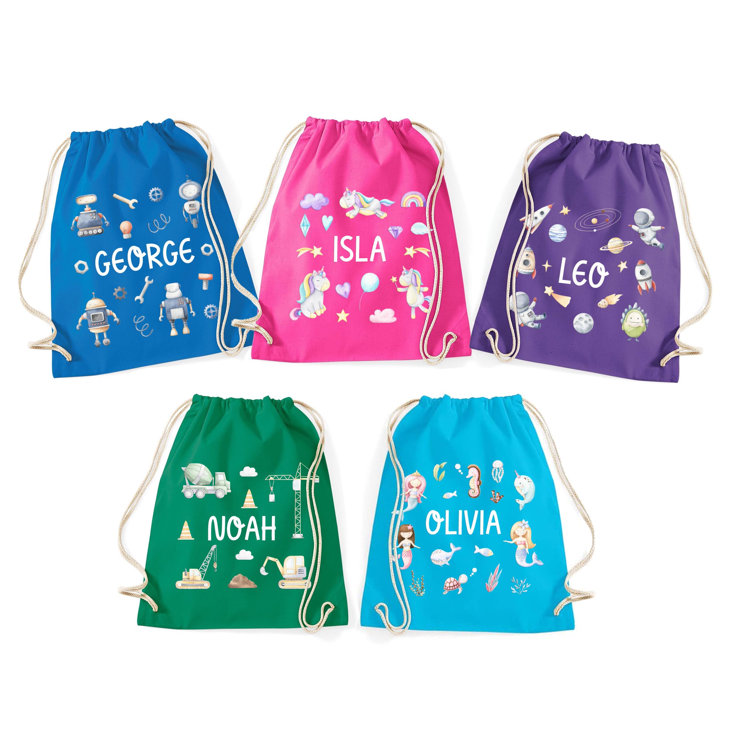 Pomchick - Personalised PE bag with kids name / 100% cotton/Back to school Swimming kit Robot Unicorn Rocket Space Construction Mermaid Gift for Kids