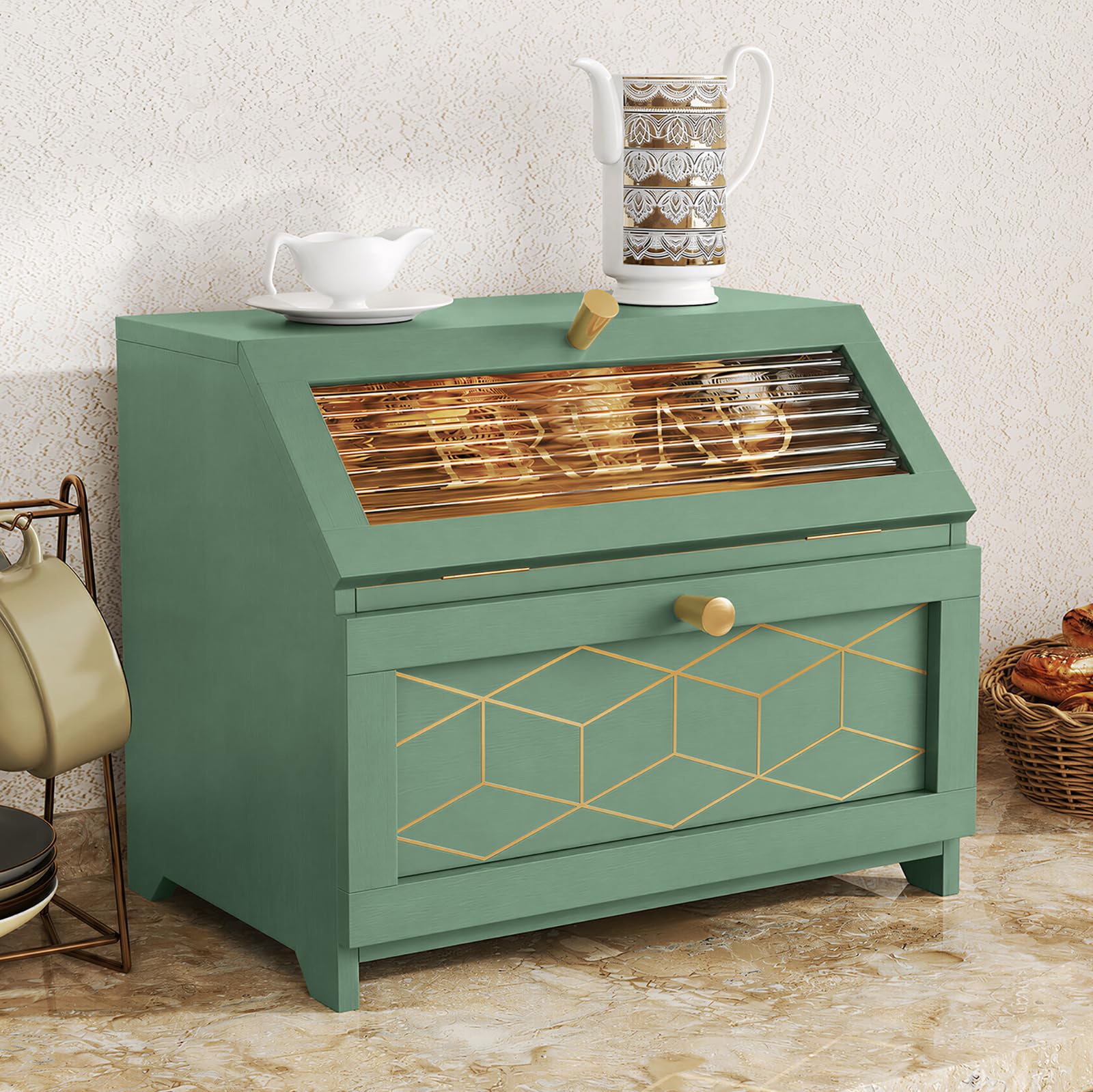 MROJISC Double Bread Bins for Kitchen, Green Wooden Bread Bin